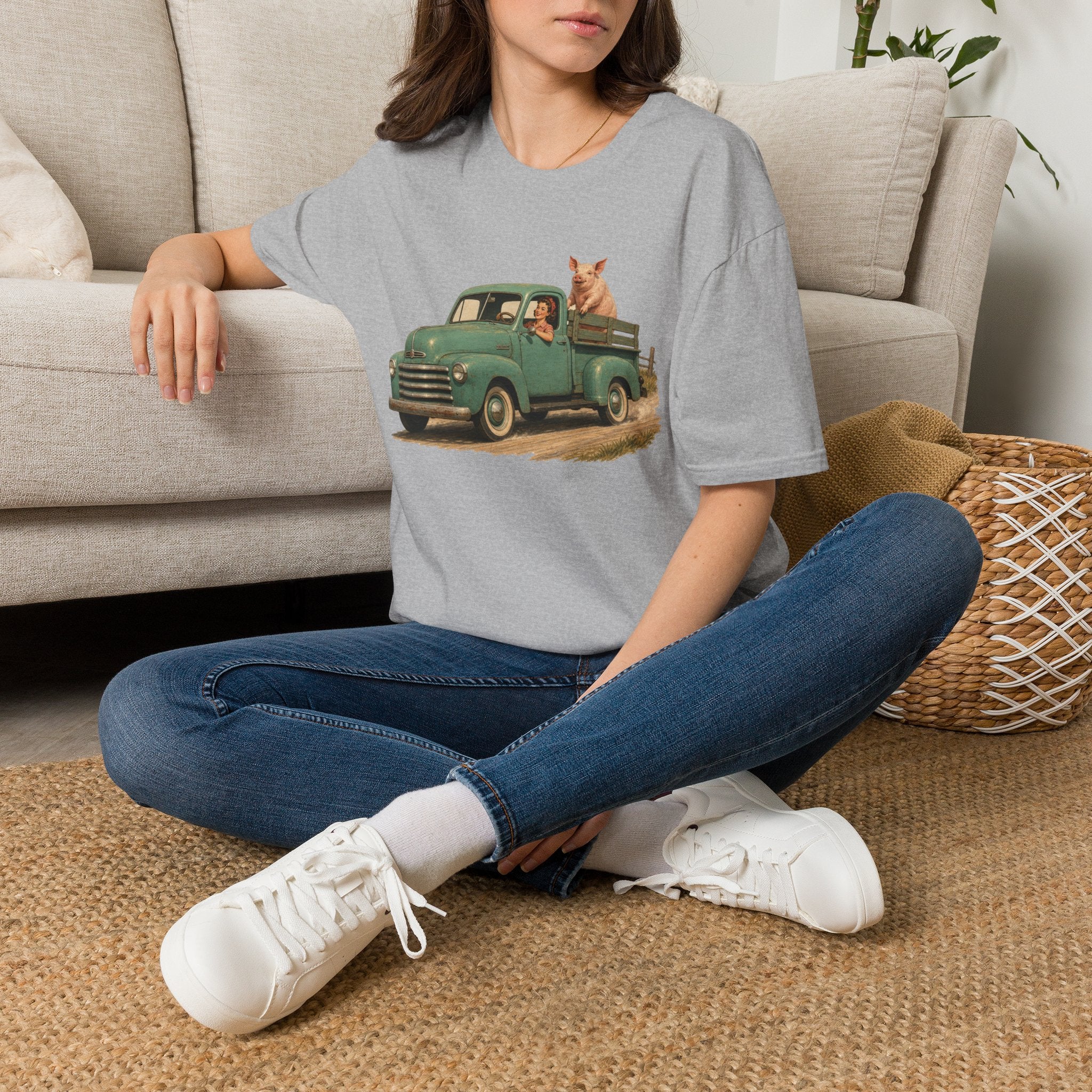 Classic Farm Truck T‑Shirt — Vintage Green Pickup with Pig Graphic