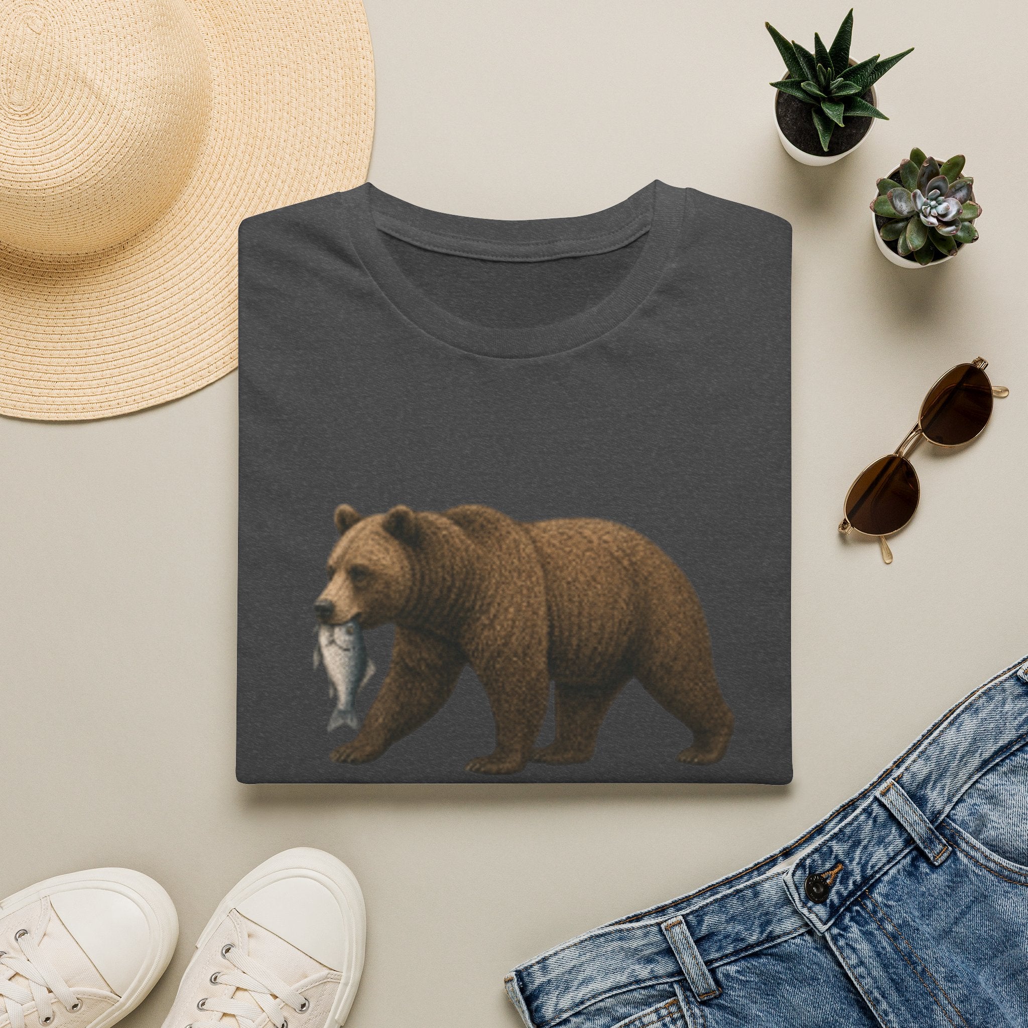 Bear with Fish T-Shirt — Rustic Wildlife Graphic Tee for Nature Lovers