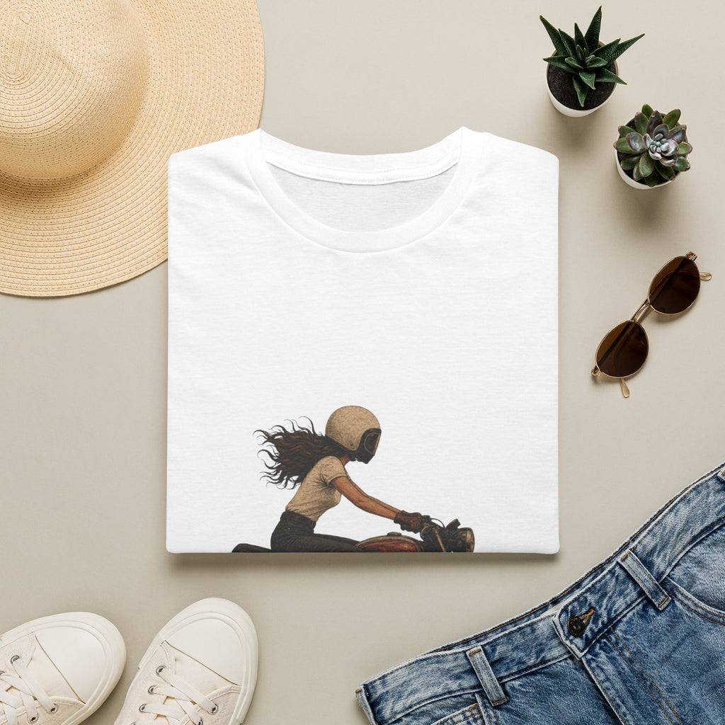Motorcycle Rider Graphic T-Shirt — Woman on Vintage Bike Design