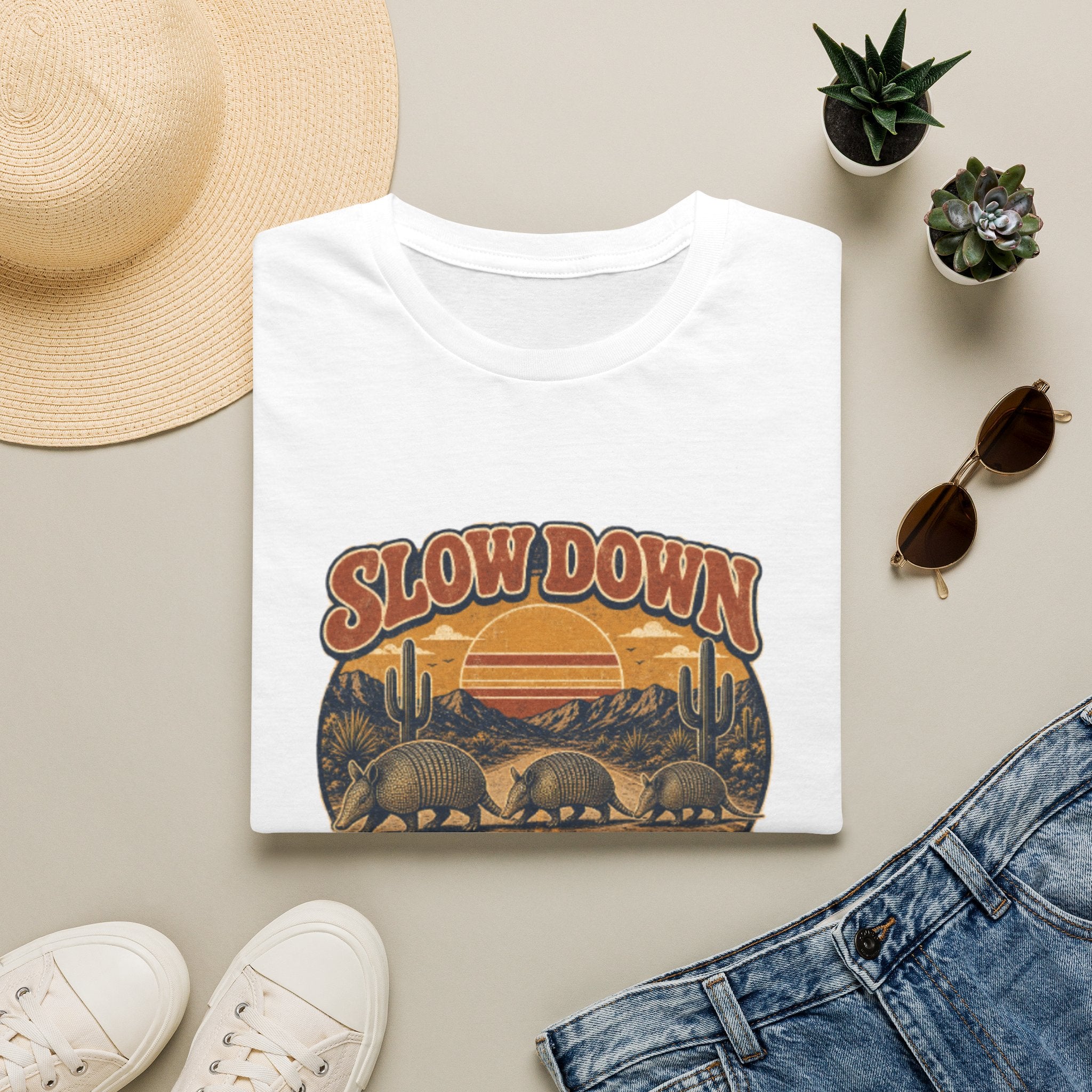 Slow Down Armadillo Crossing T-Shirt — Retro Desert Wildlife Graphic Tee