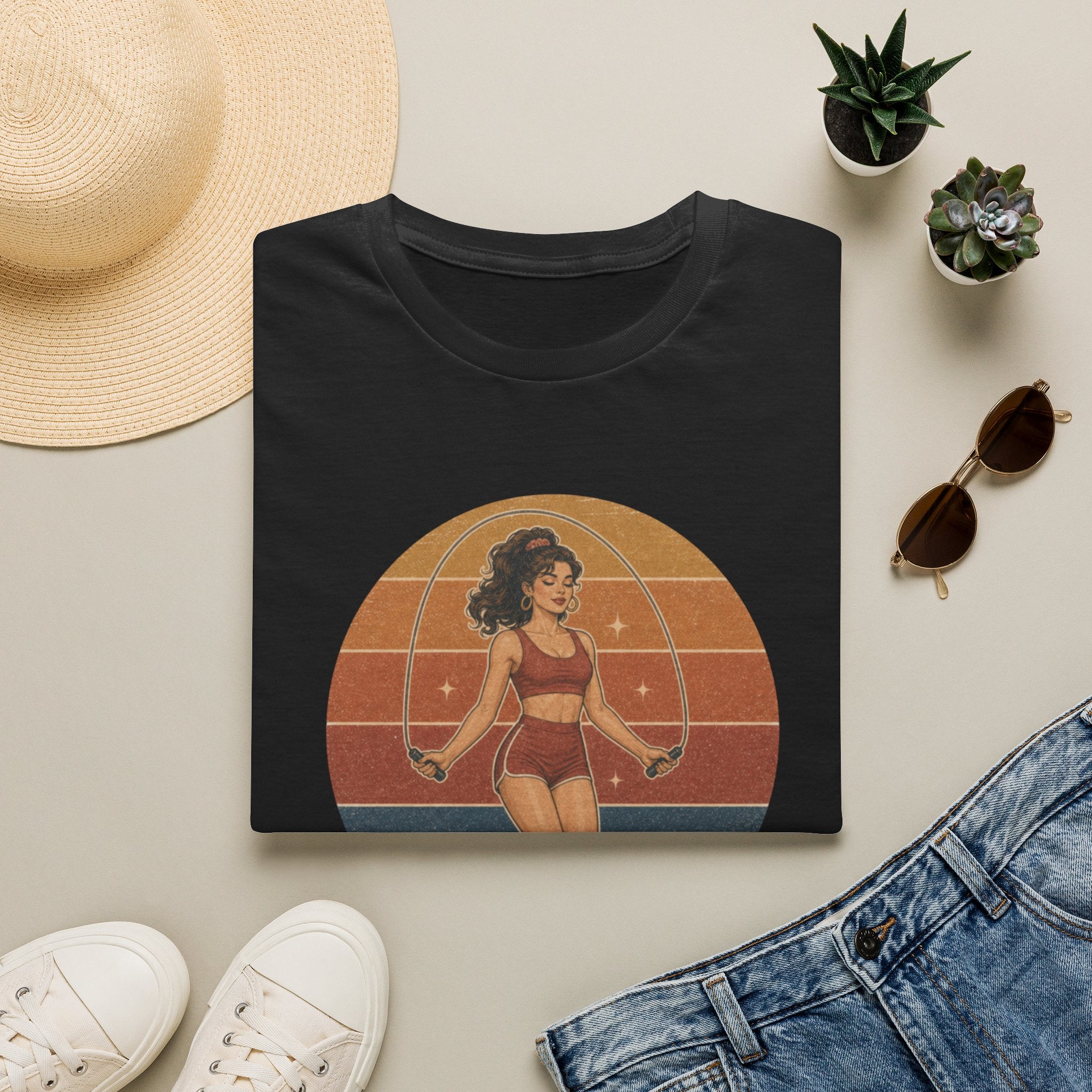 Retro Fitness T-Shirt — "Never Skipping a Beat" Vintage Pin-Up Workout Tee