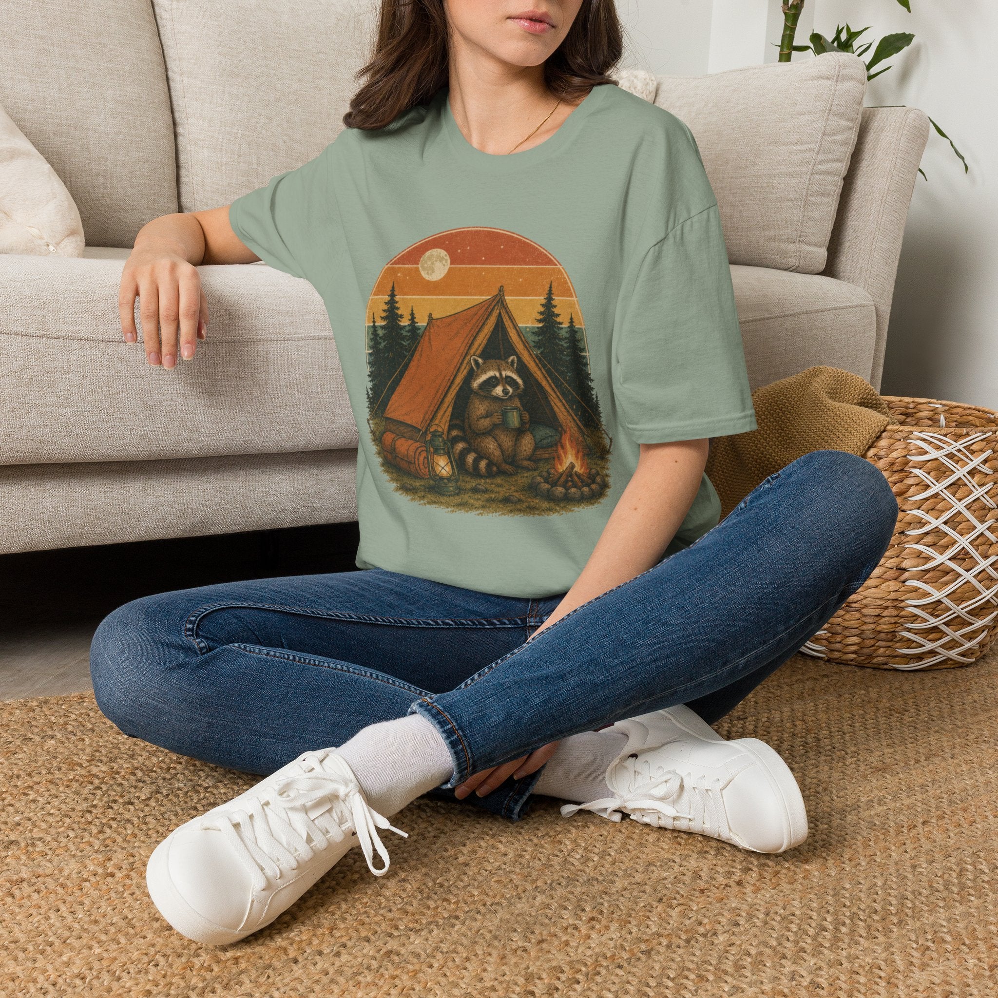 Camping Raccoon T-Shirt — Retro Sunset Tent Outdoor Graphic Tee