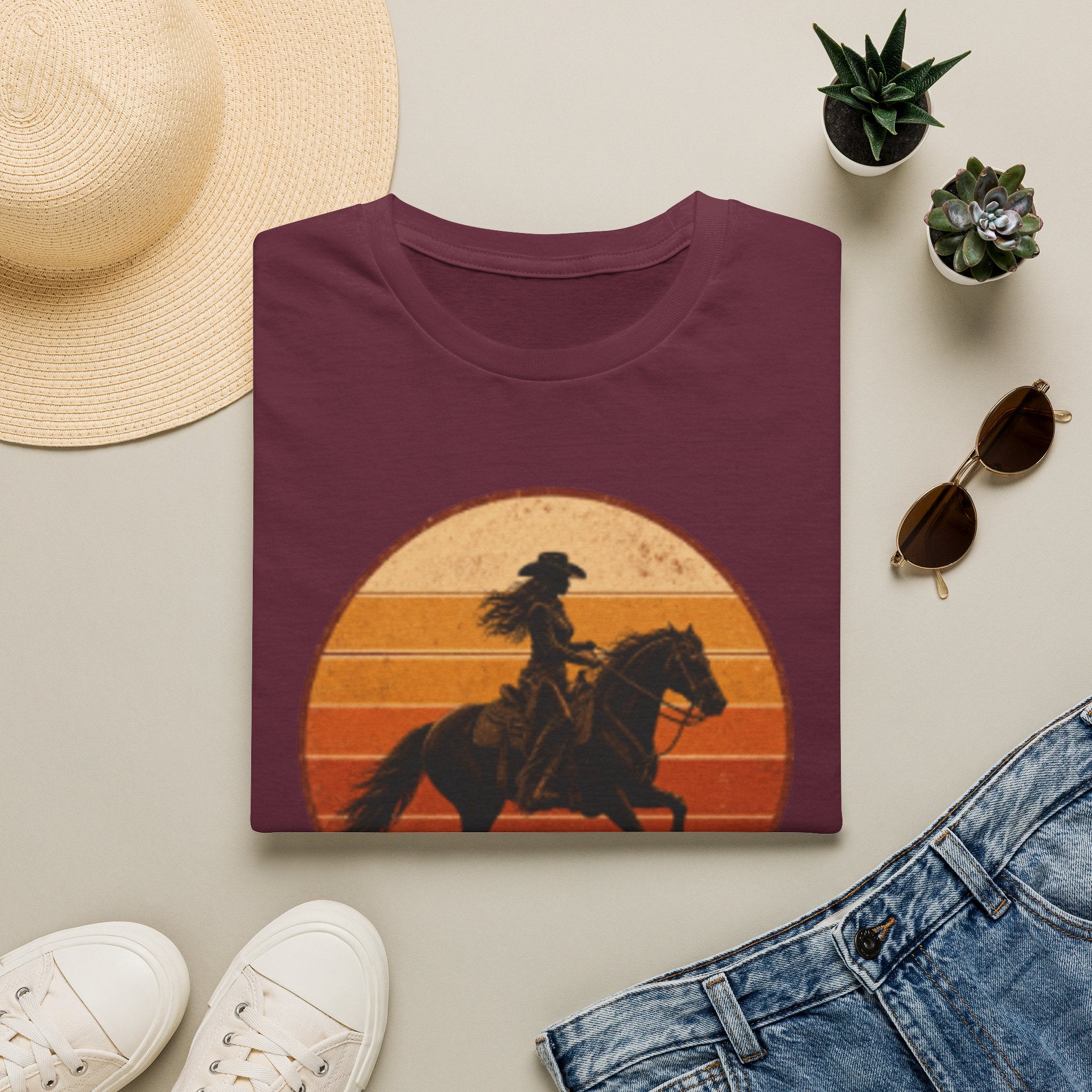 Cowgirl Silhouette T-Shirt — Retro Sunset Horse Riding Tee