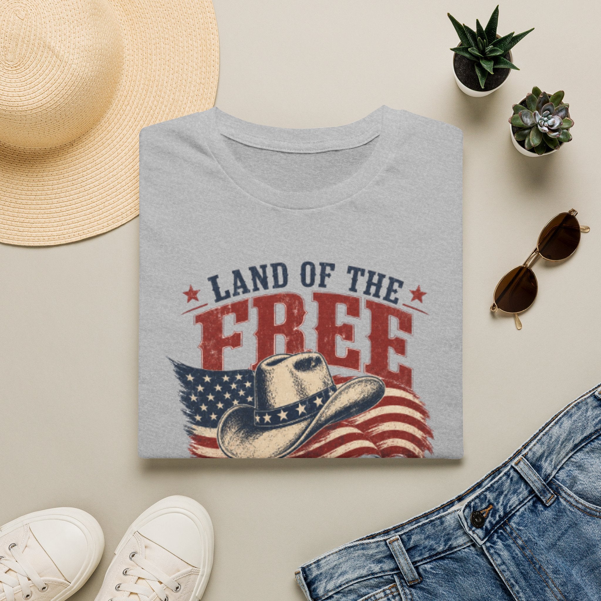 Land of the Free Cowboy Flag T-Shirt — "Land of the Free, Home of the Brave" Patriotic Tee