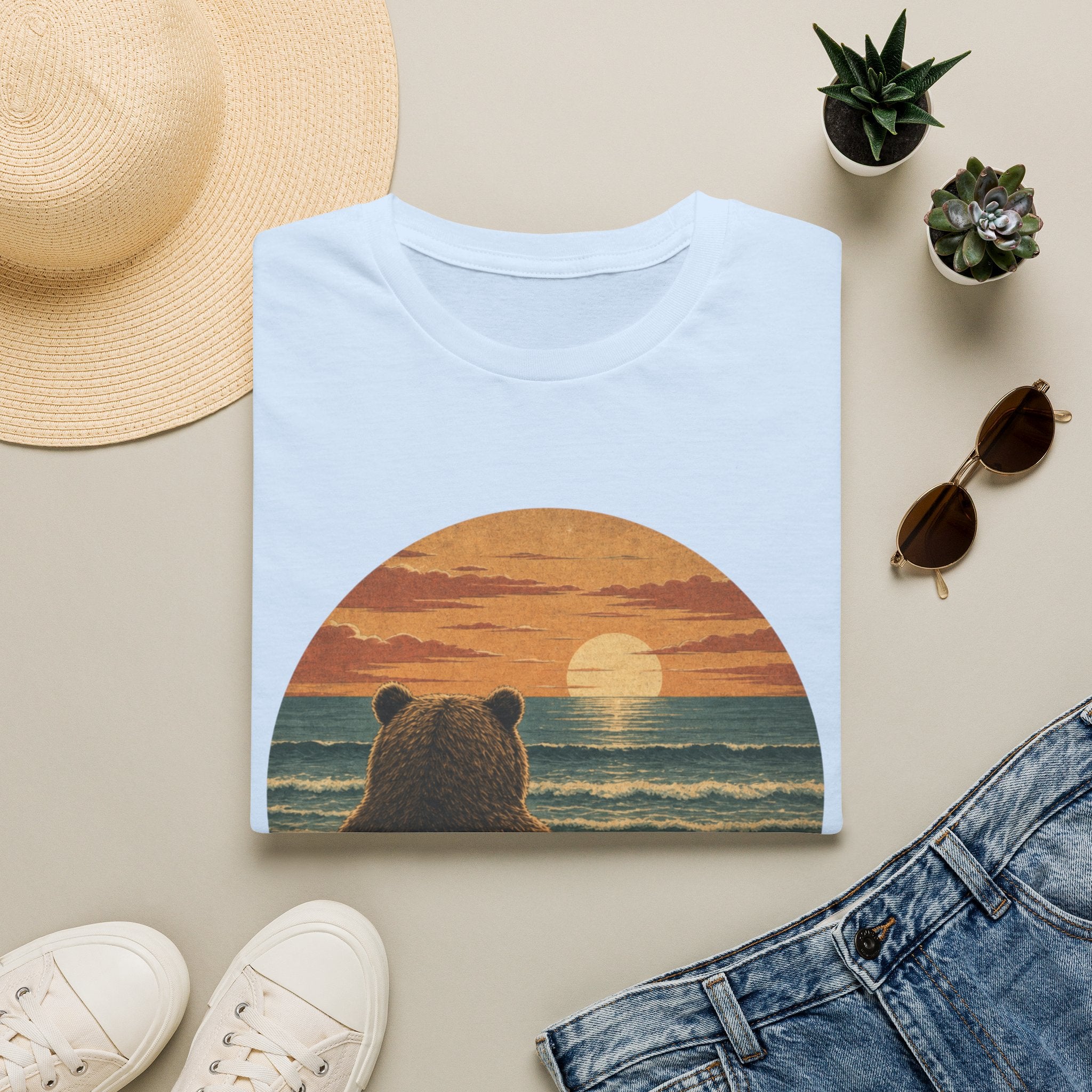 Bear Watching Sunset T‑Shirt — Retro Ocean Sunset Bear Graphic Tee