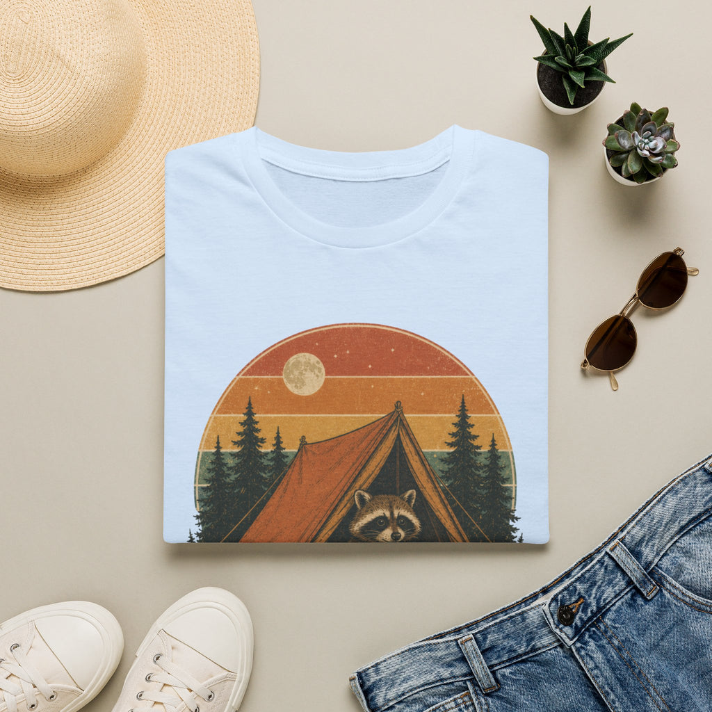 Camping Raccoon T-Shirt — Retro Sunset Tent Outdoor Graphic Tee