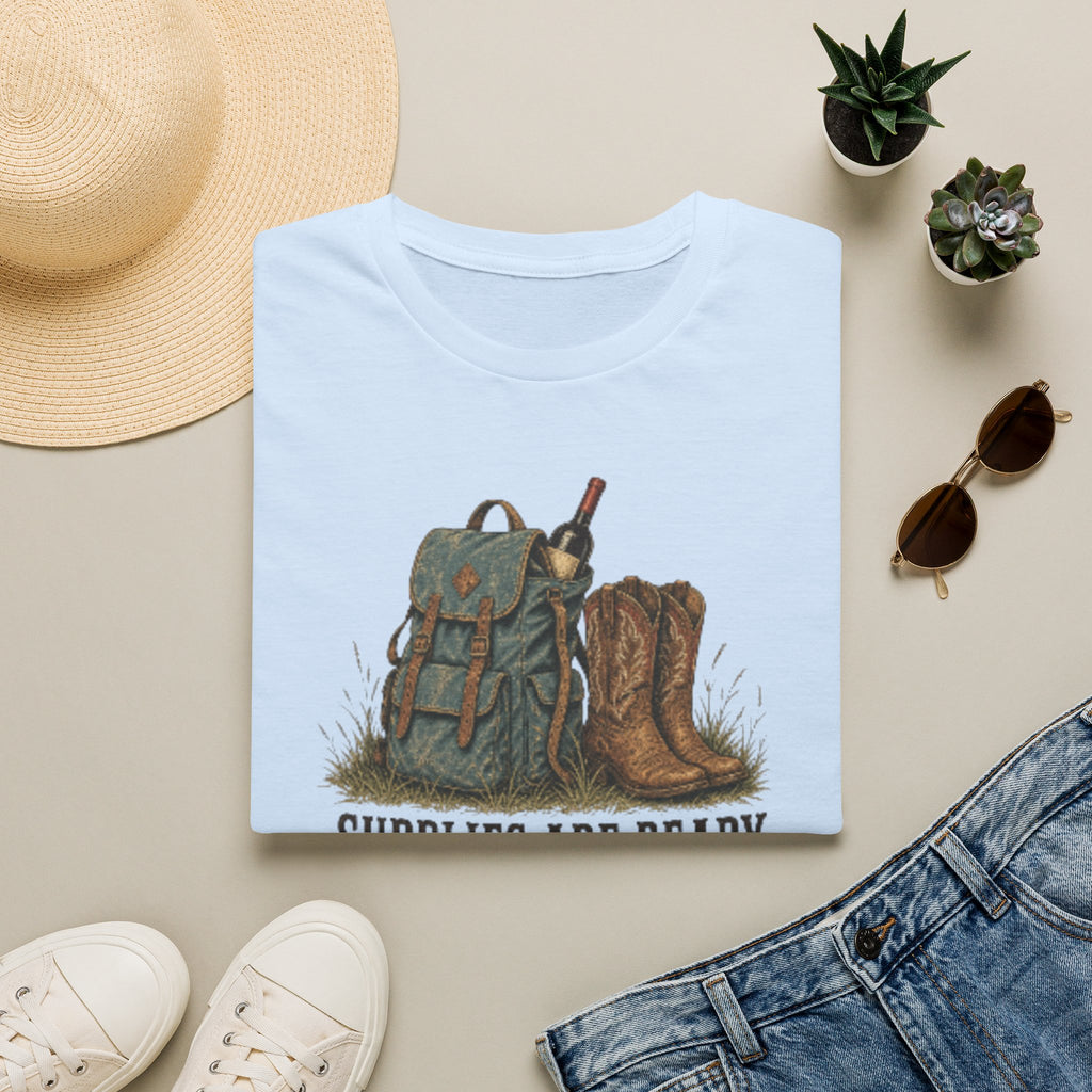 Camping Backpack & Boots T-Shirt — “Supplies Are Ready” Outdoor Tee