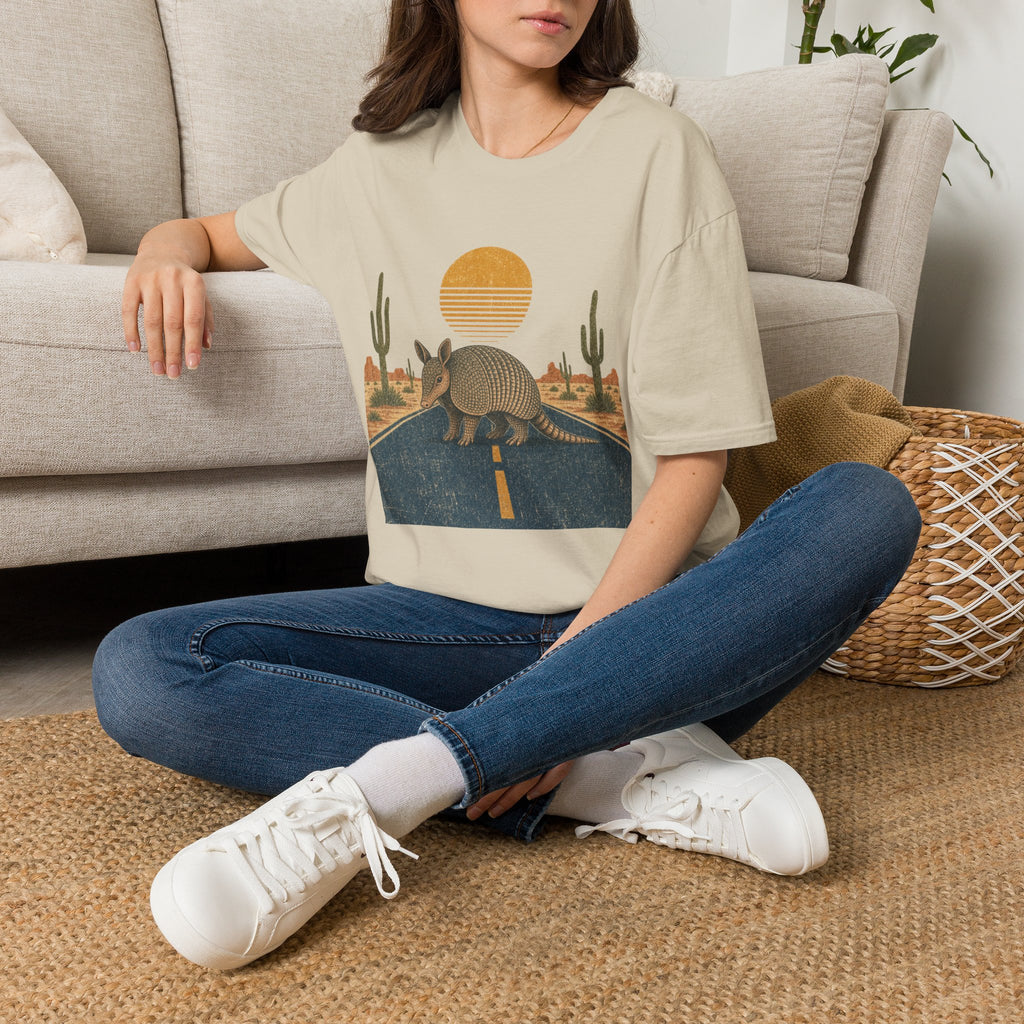 Armadillo Desert Sunset T-Shirt — Retro Cactus Road Wildlife Tee