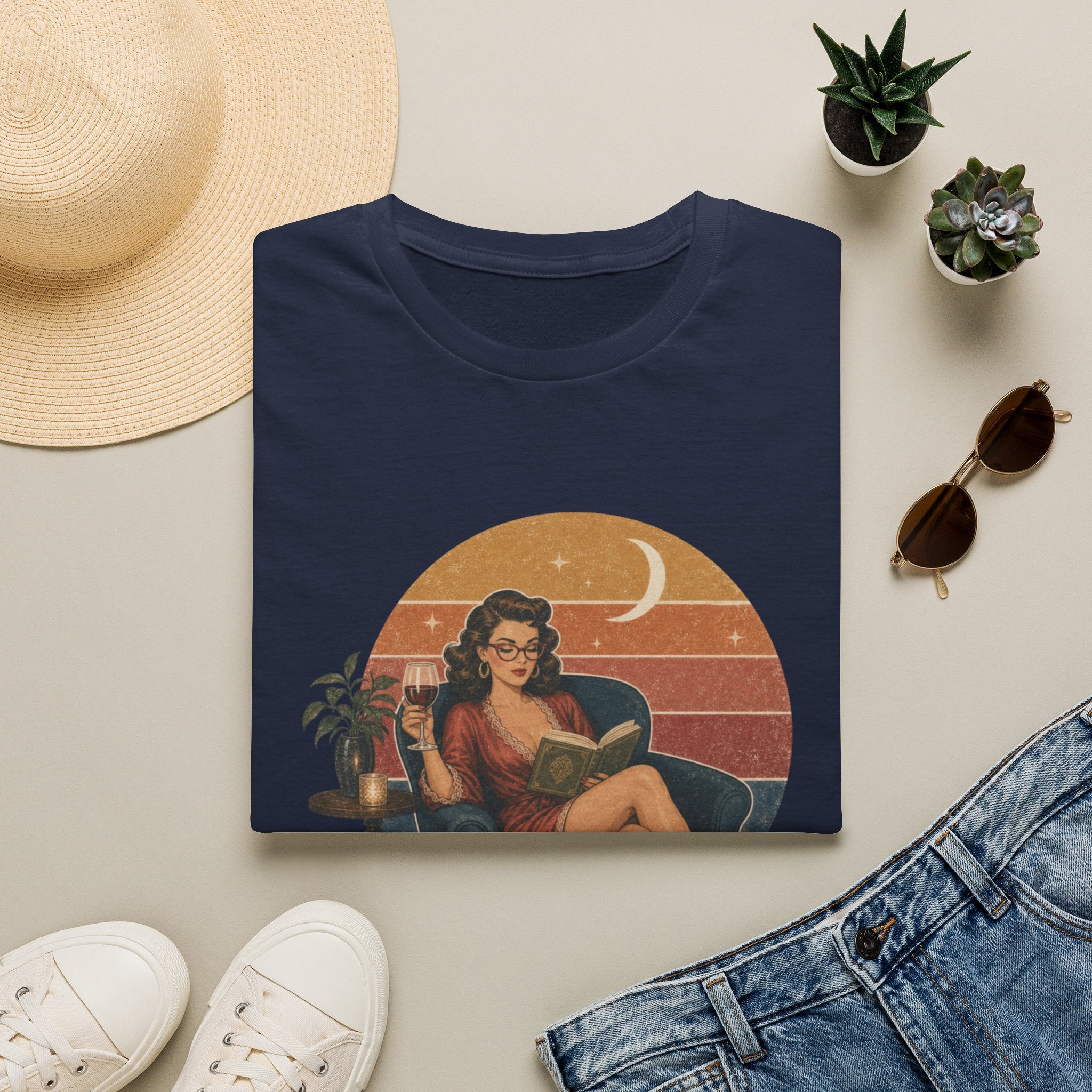 Lady of the Night Vintage Graphic T-Shirt — Retro Pinup Moonlit Reading Tee