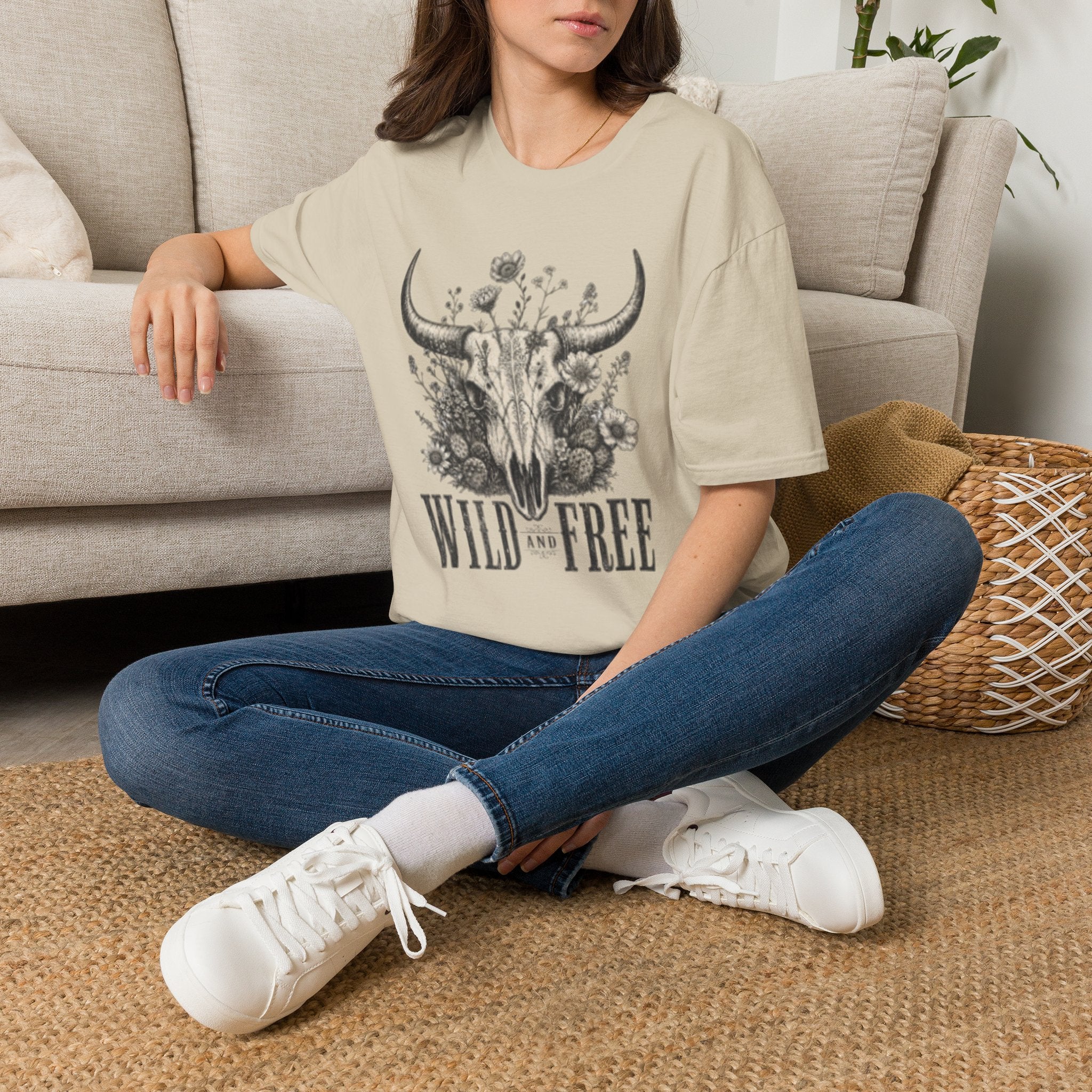 Bull Skull Floral T-Shirt — "Wild and Free" Boho Western Tee