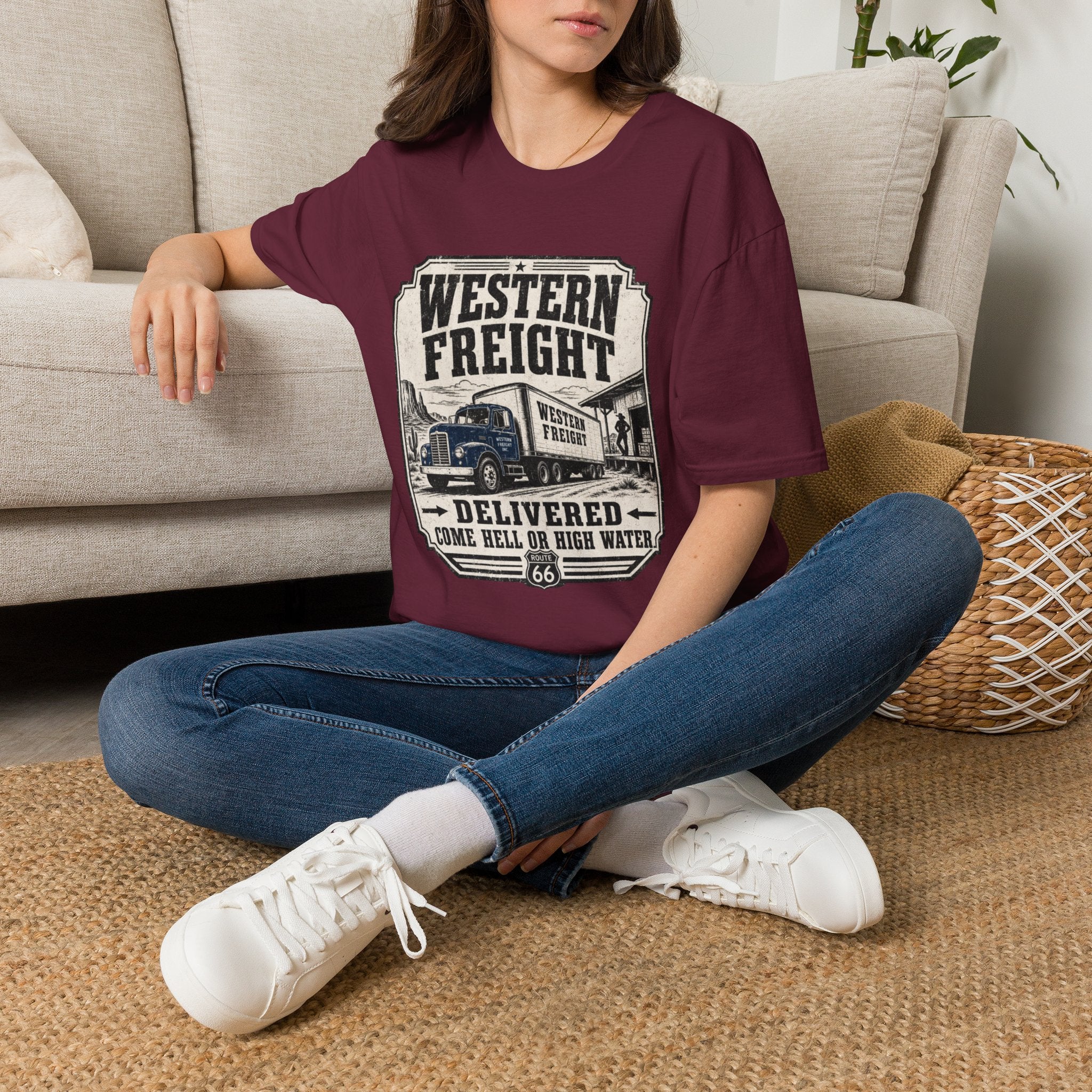 Western Freight Vintage Truck T-Shirt — 'Delivered Rain or Shine' Route 66 Tee