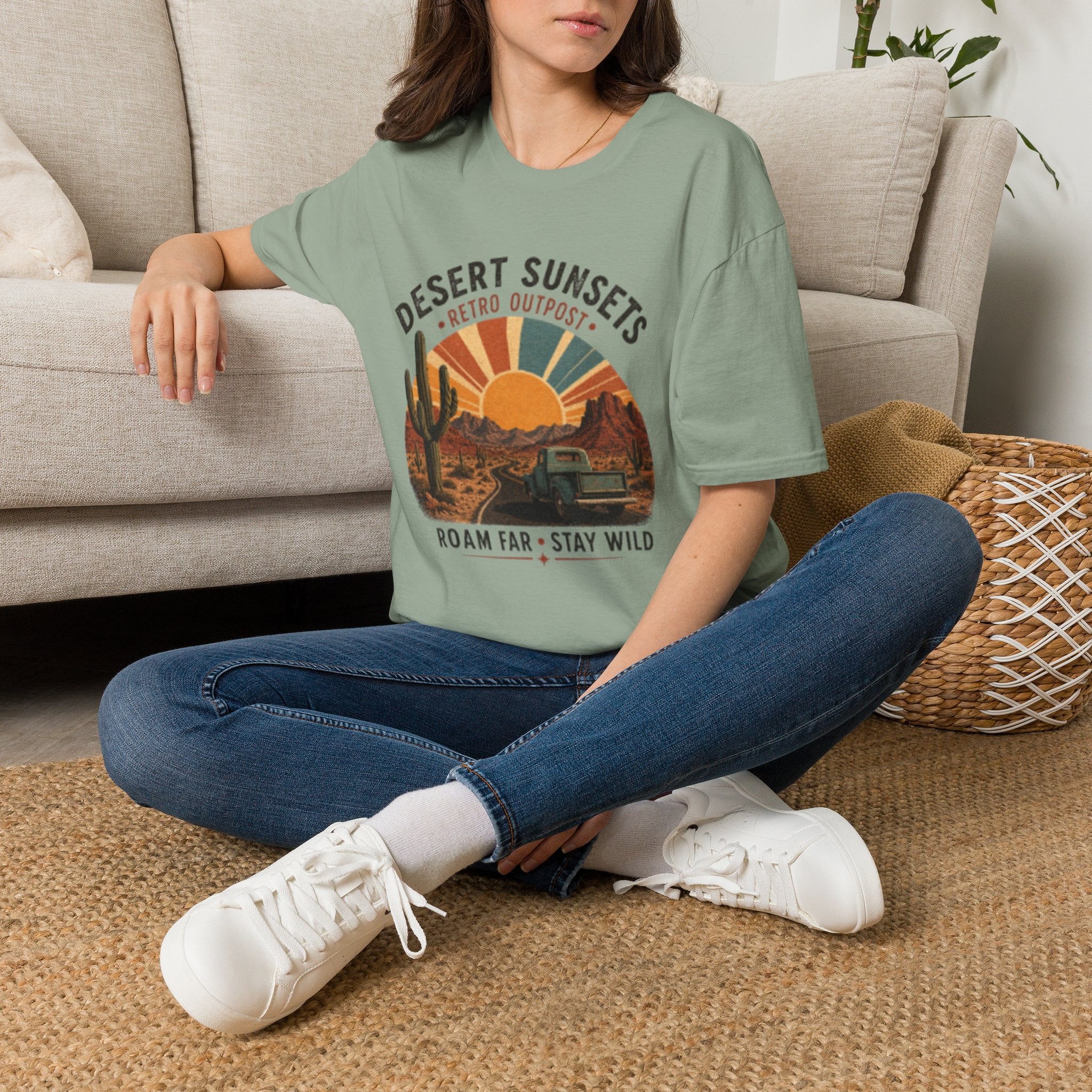 Desert Sunsets T-Shirt — Retro Outpost 'Roam Far • Stay Wild' Graphic Tee