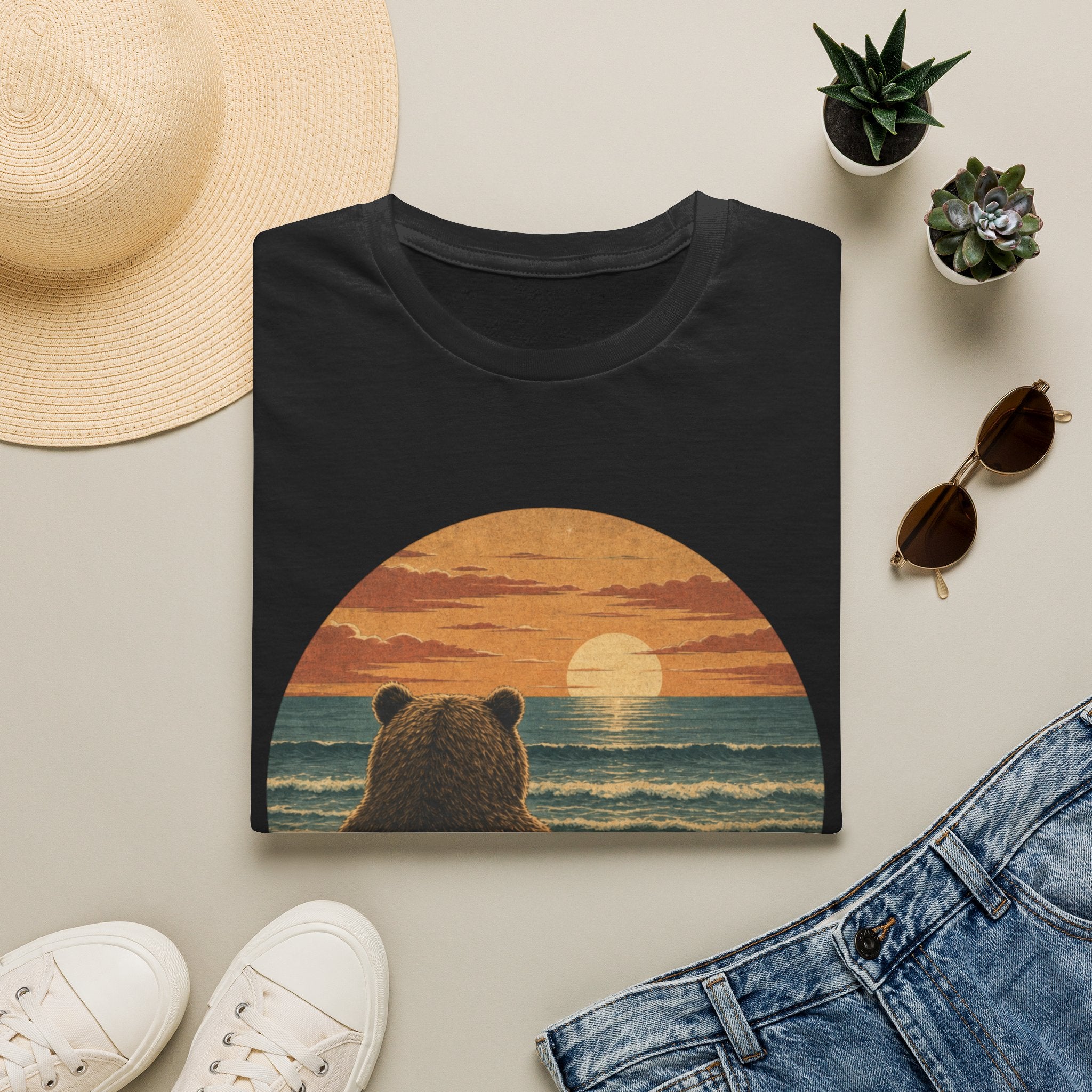 Bear Watching Sunset T‑Shirt — Retro Ocean Sunset Bear Graphic Tee