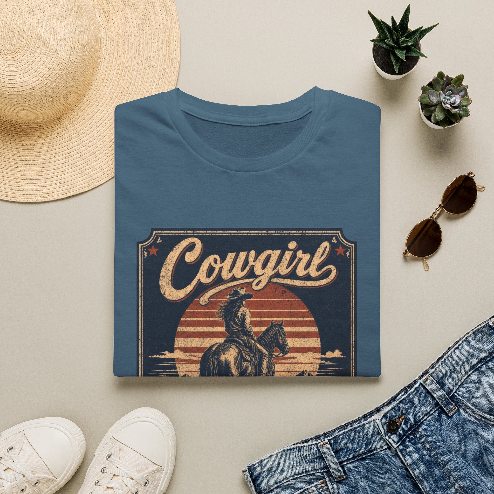 Cowgirl Vintage Graphic Tee — 'Cowgirl' Sunset Horse Riding T-Shirt
