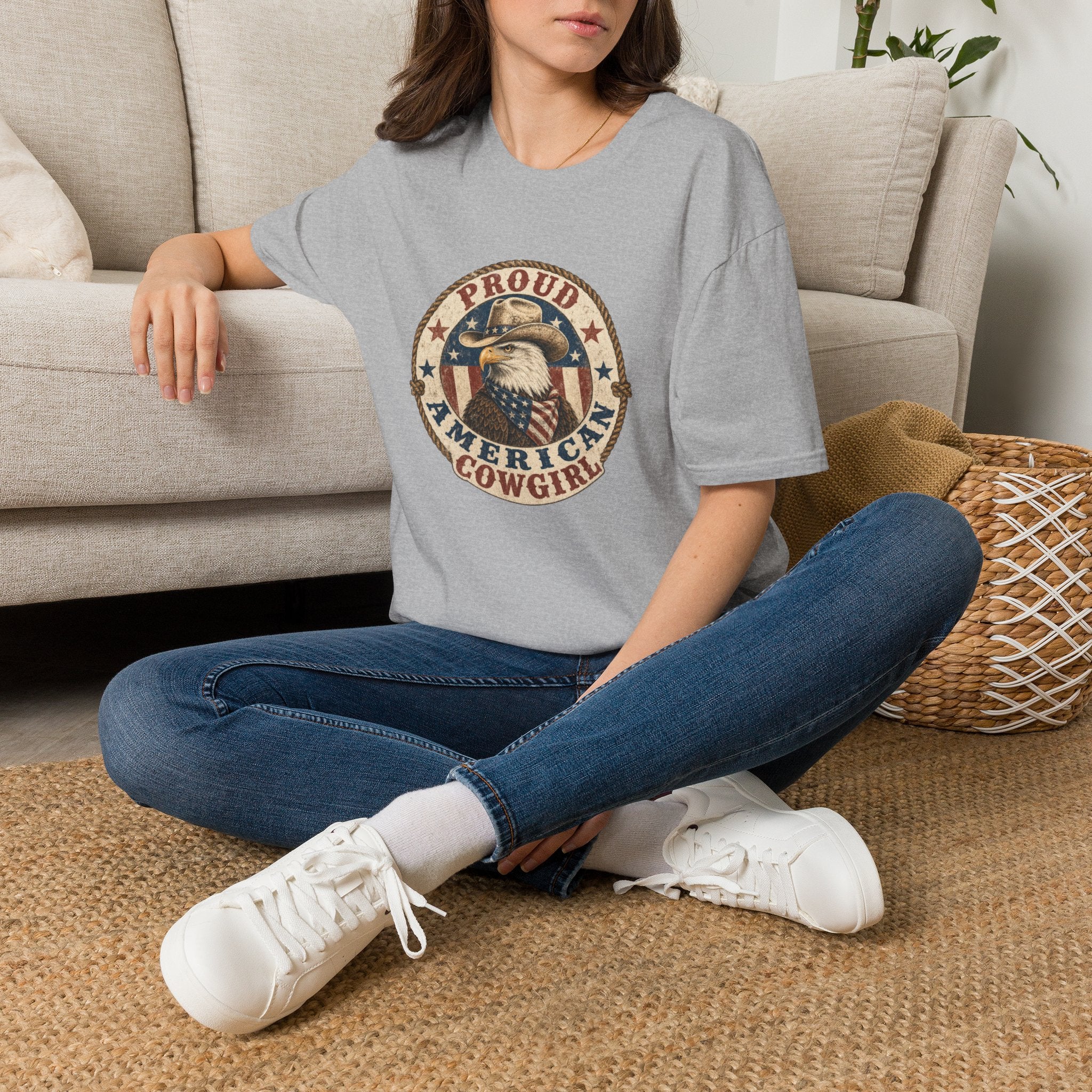 Proud American Cowgirl T-Shirt — Vintage Eagle & Flag Graphic