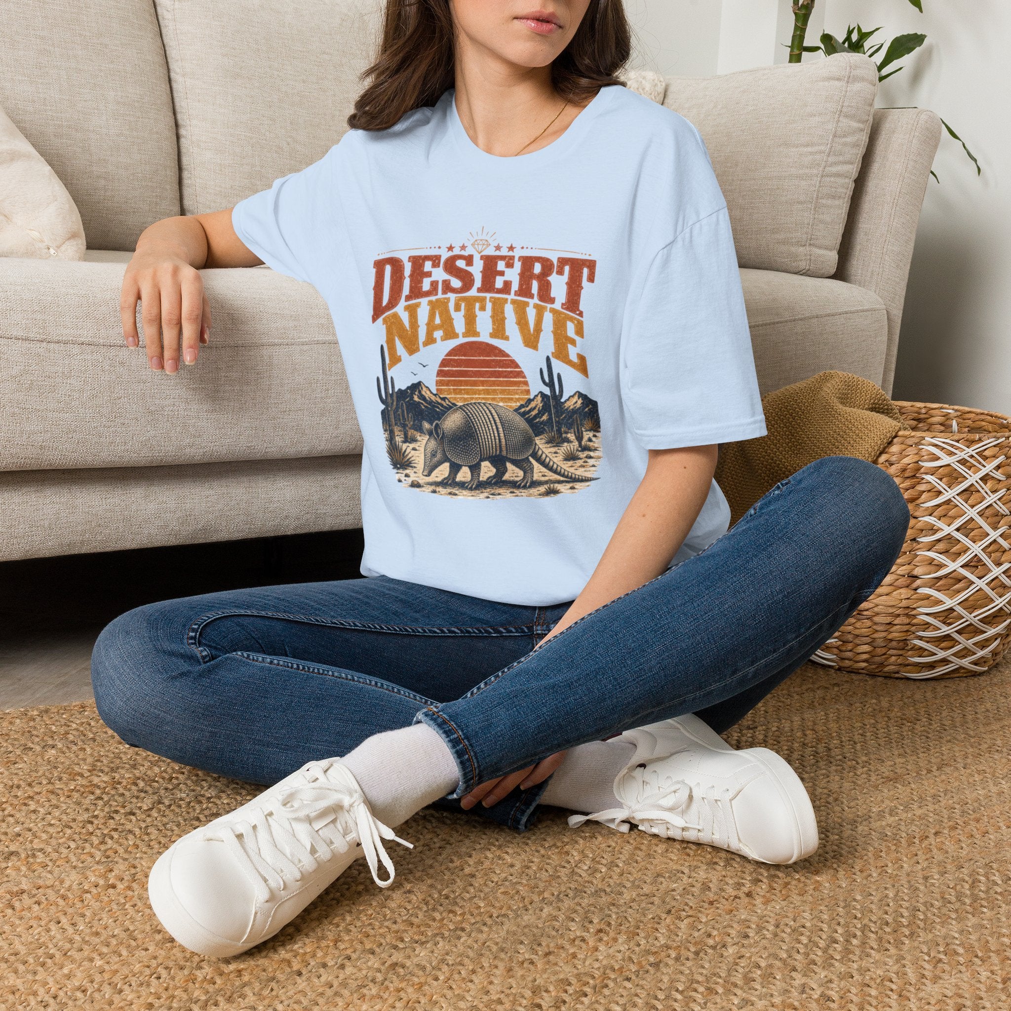 Desert Native T‑Shirt — Retro Cactus & Sunset Armadillo Tee