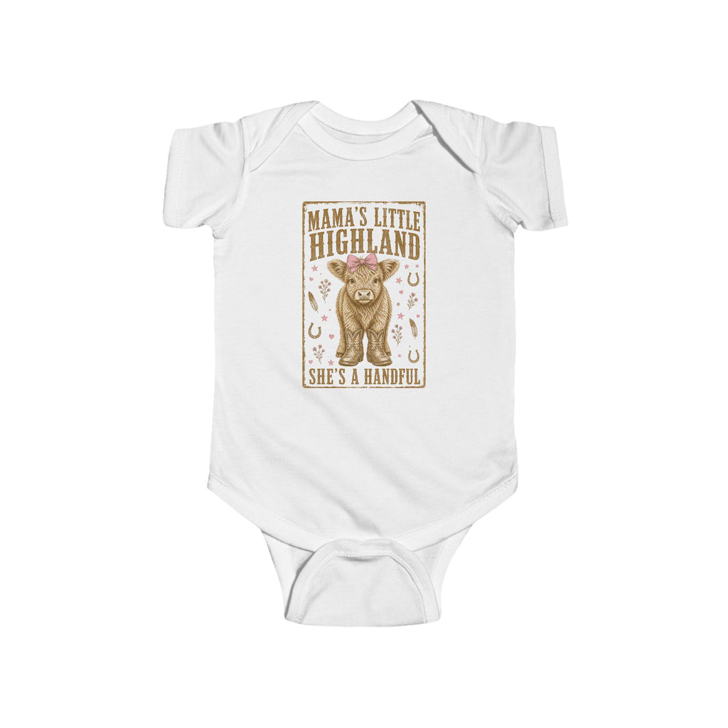 Mama’s Little Highland Baby Bodysuit — “She’s a Handful” Cute Highland Cow Infant Onesie