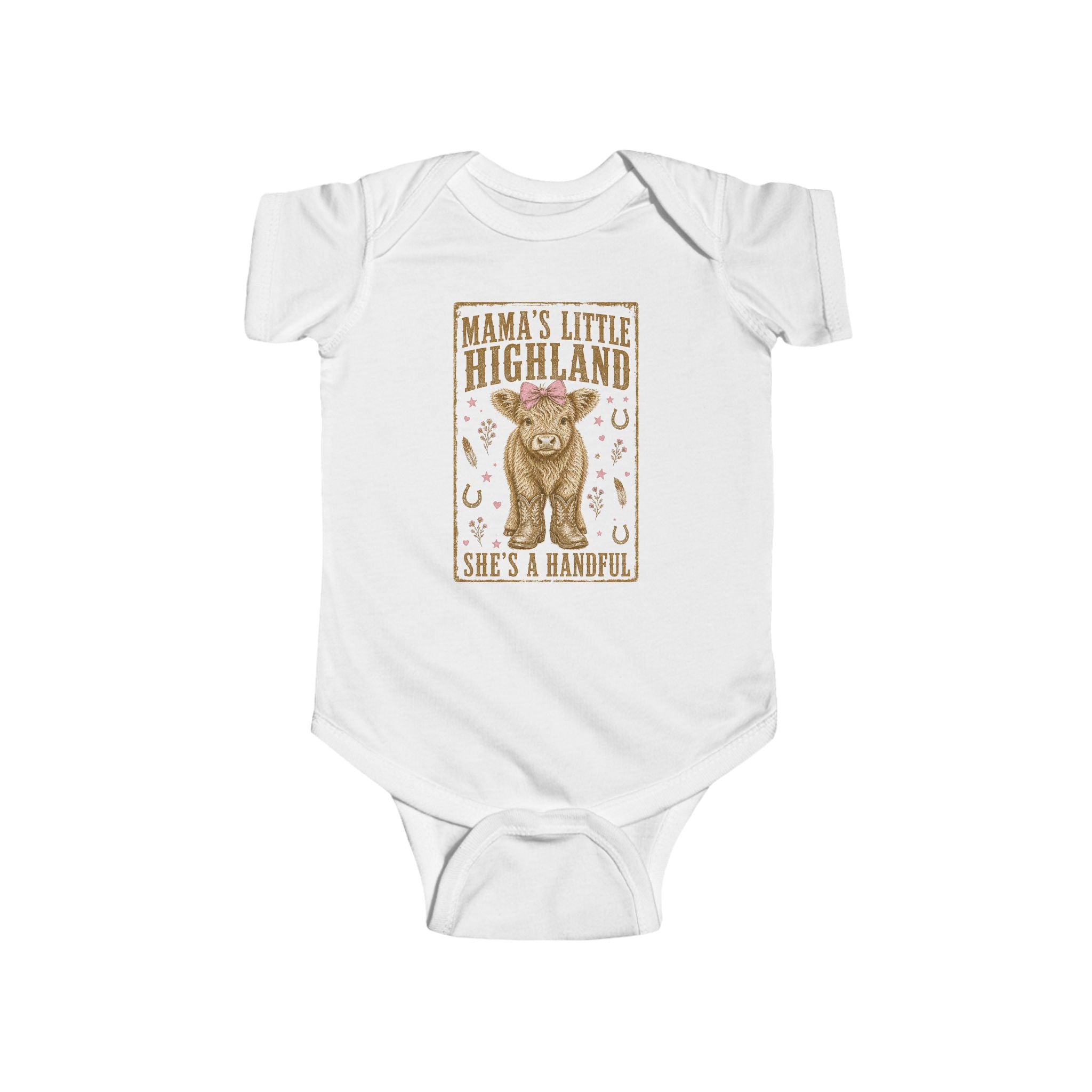 Mama’s Little Highland Baby Bodysuit — “She’s a Handful” Cute Highland Cow Infant Onesie