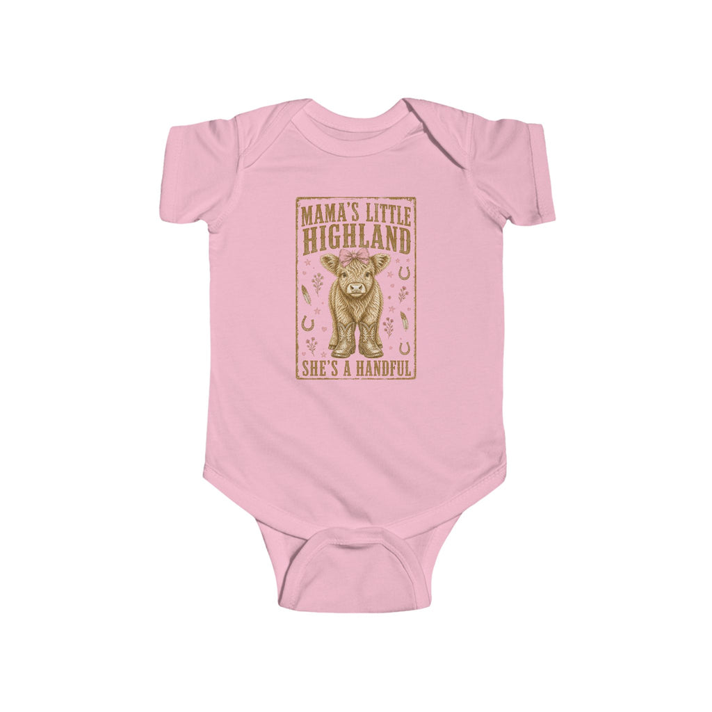 Mama’s Little Highland Baby Bodysuit — “She’s a Handful” Cute Highland Cow Infant Onesie