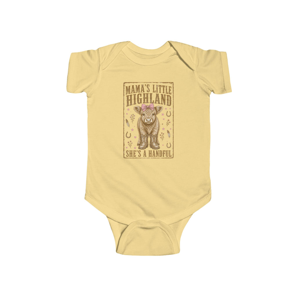 Mama’s Little Highland Baby Bodysuit — “She’s a Handful” Cute Highland Cow Infant Onesie