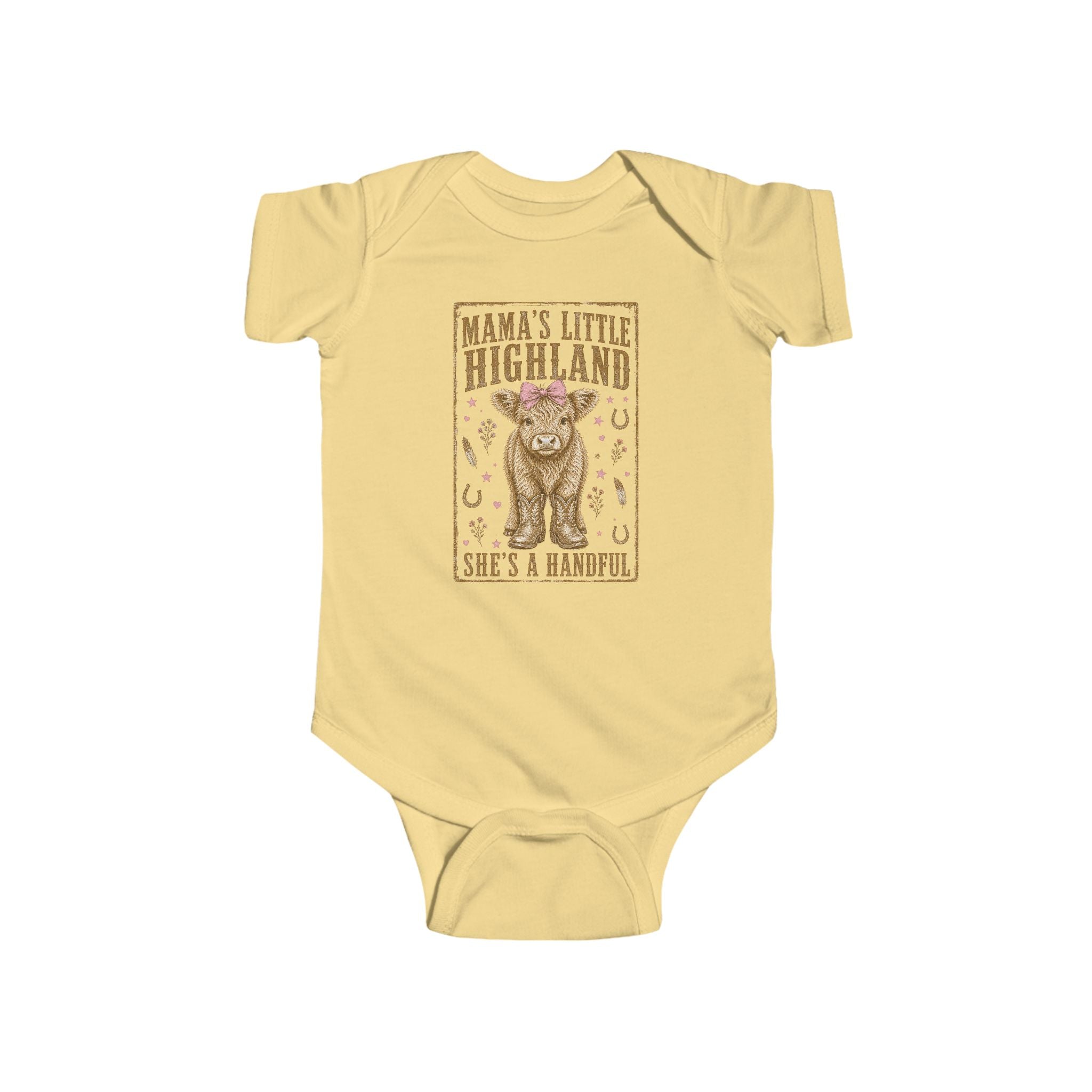Mama’s Little Highland Baby Bodysuit — “She’s a Handful” Cute Highland Cow Infant Onesie