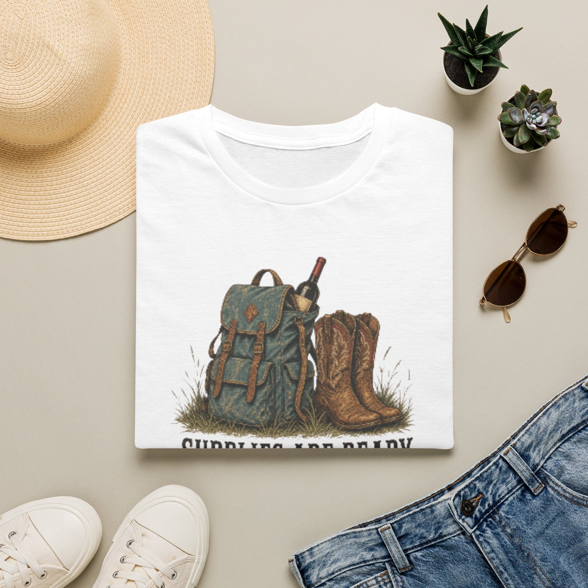 Camping Backpack & Boots T-Shirt — “Supplies Are Ready” Outdoor Tee