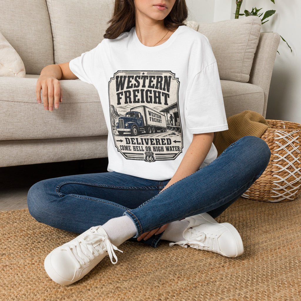 Western Freight Vintage Truck T-Shirt — 'Delivered Rain or Shine' Route 66 Tee