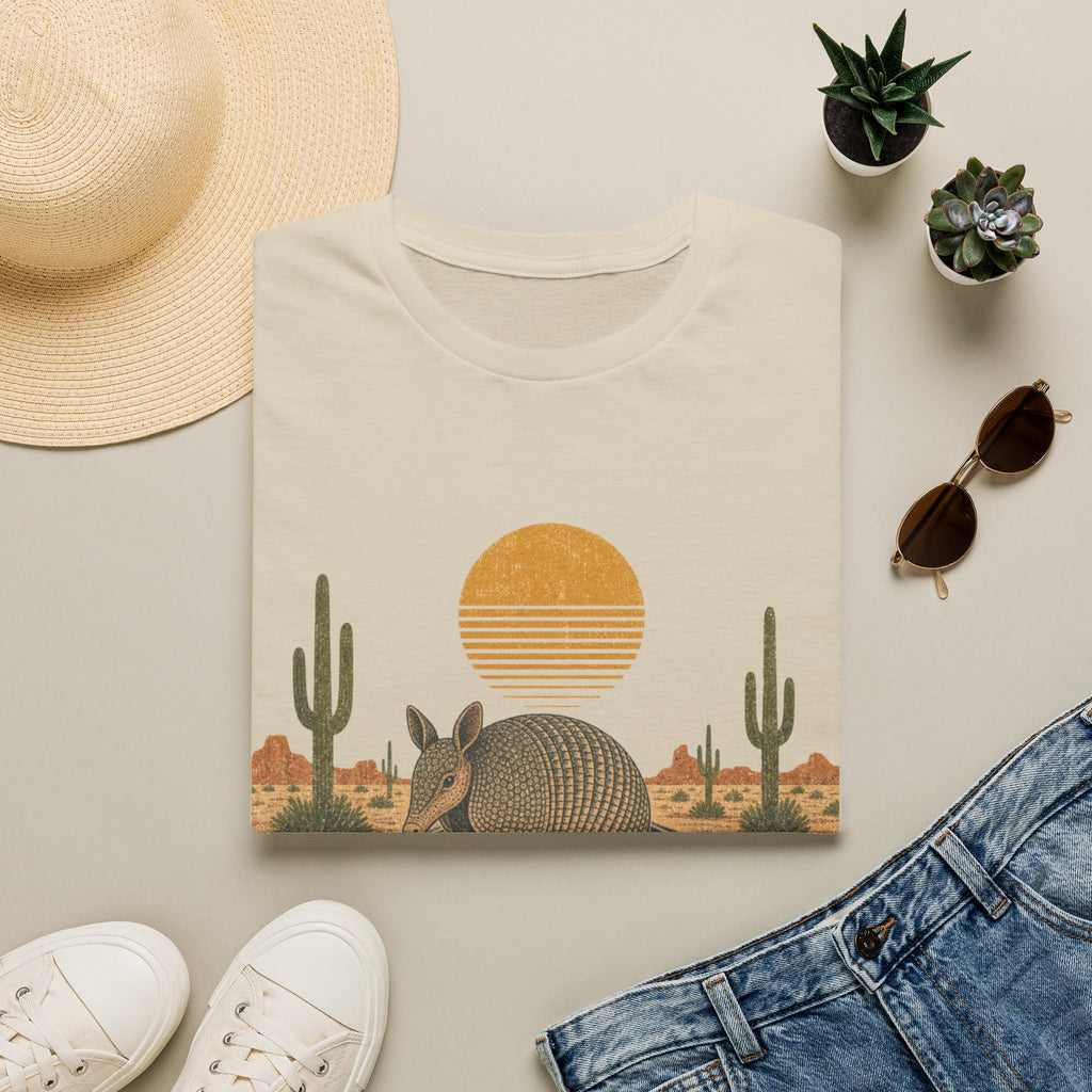Armadillo Desert Sunset T-Shirt — Retro Cactus Road Wildlife Tee