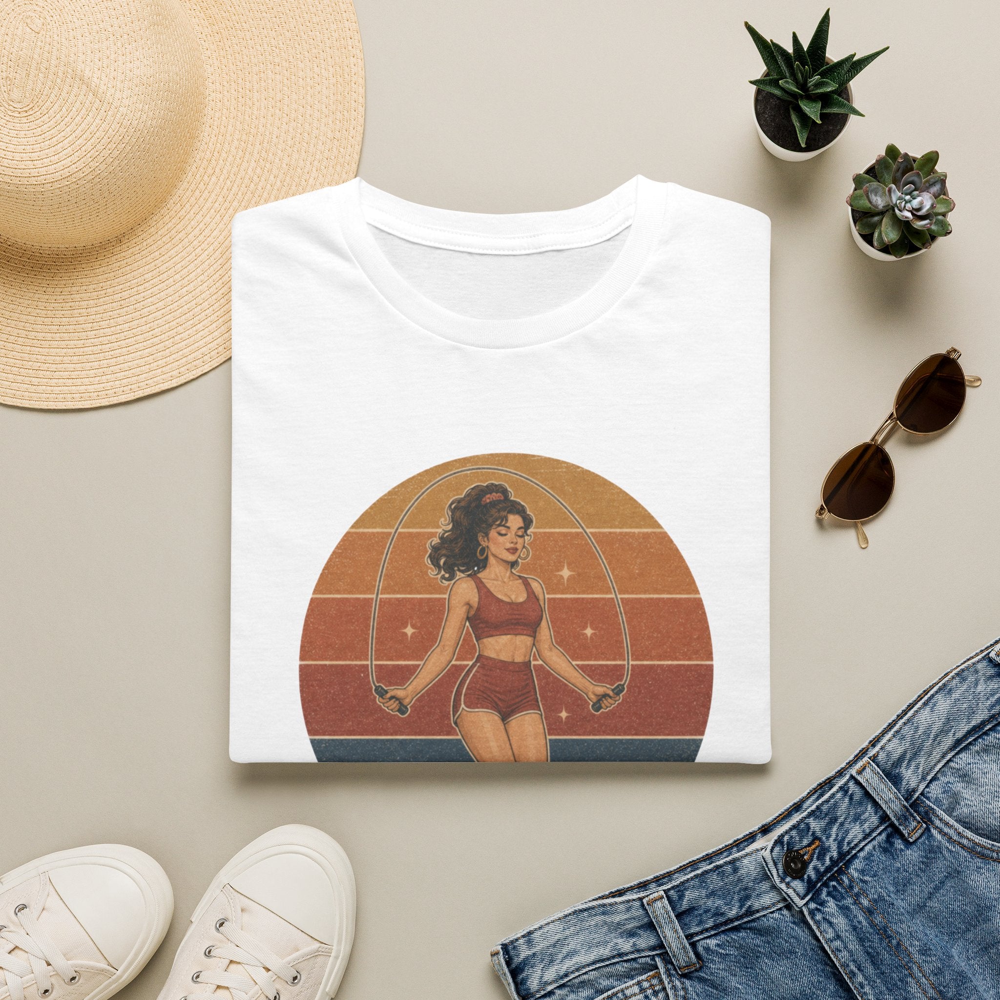 Retro Fitness T-Shirt — "Never Skipping a Beat" Vintage Pin-Up Workout Tee