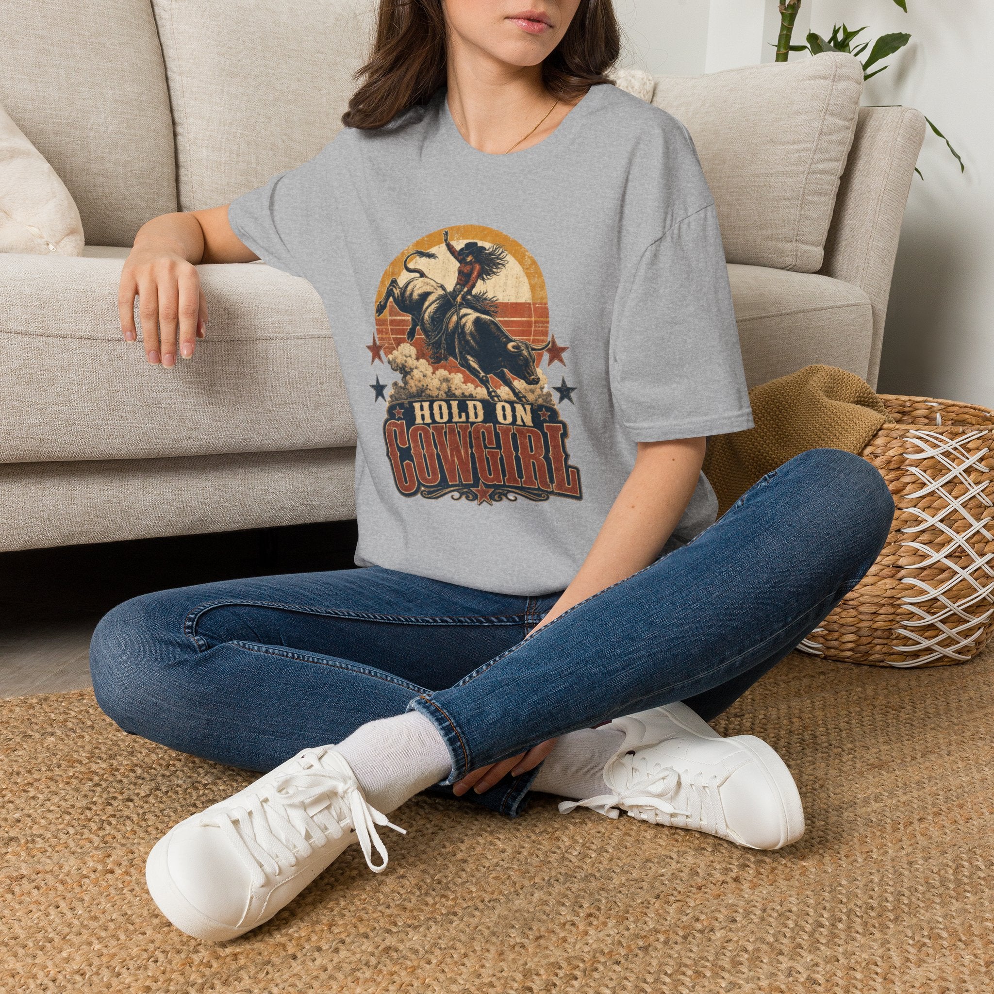 Hold On Cowgirl T-Shirt — Vintage Rodeo Bull Rider Tee