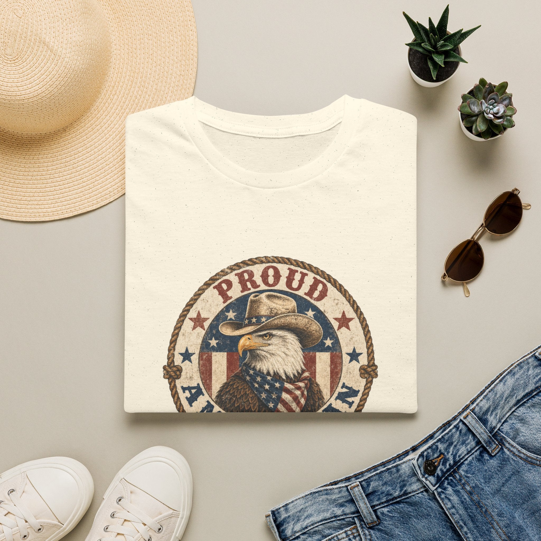 Proud American Cowgirl T-Shirt — Vintage Eagle & Flag Graphic
