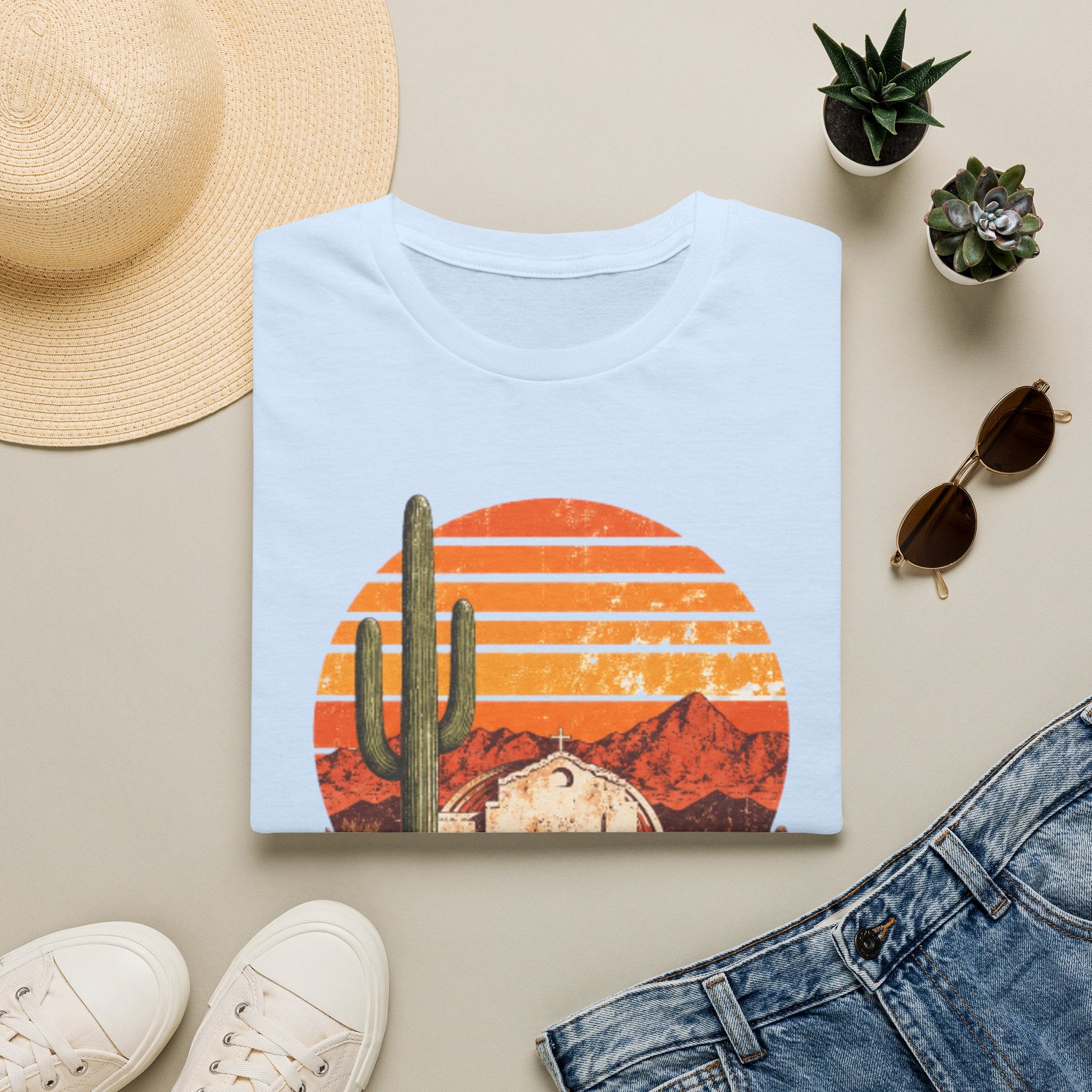 Desert Sunset T‑Shirt — Vintage Cactus & Adobe House Graphic