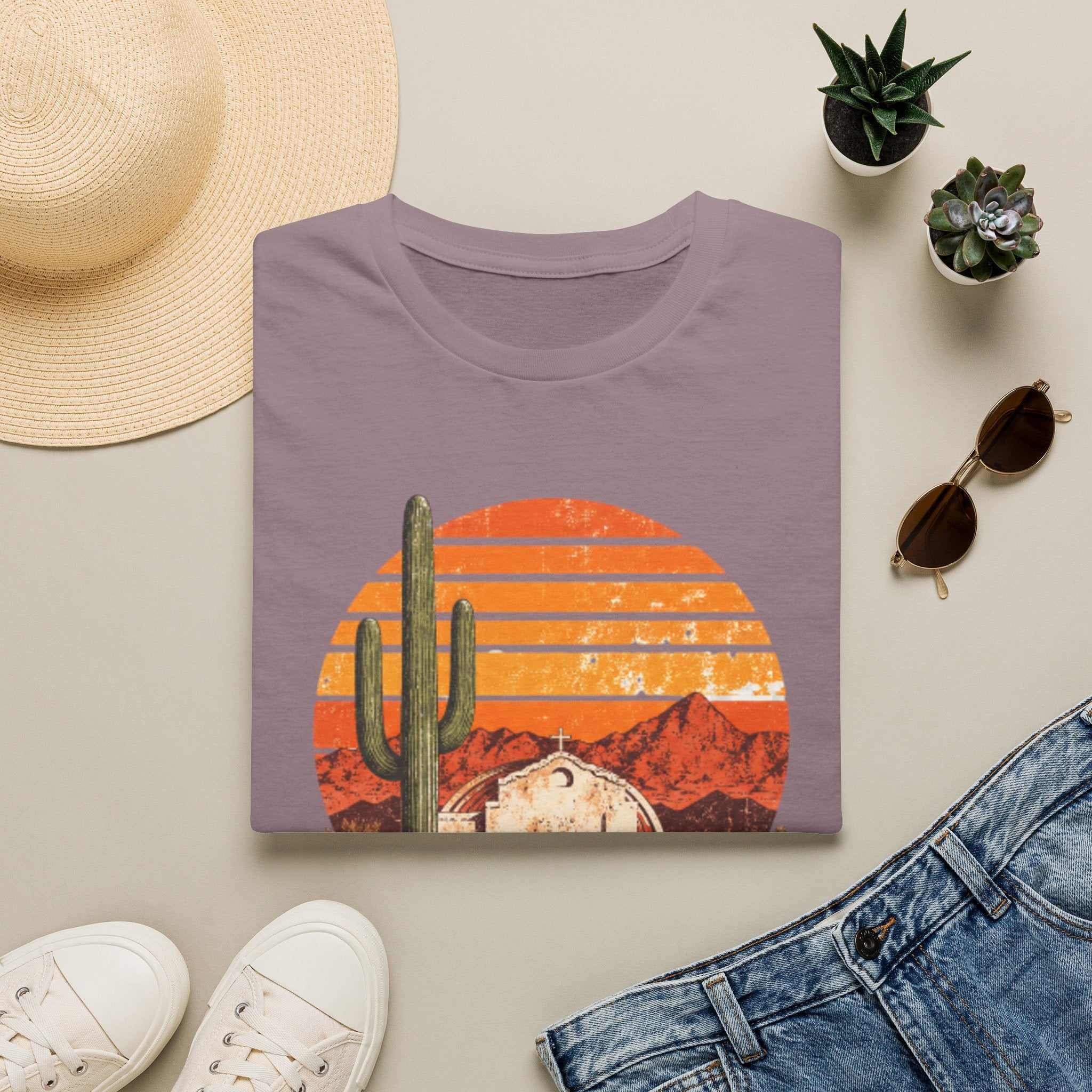 Desert Sunset T‑Shirt — Vintage Cactus & Adobe House Graphic