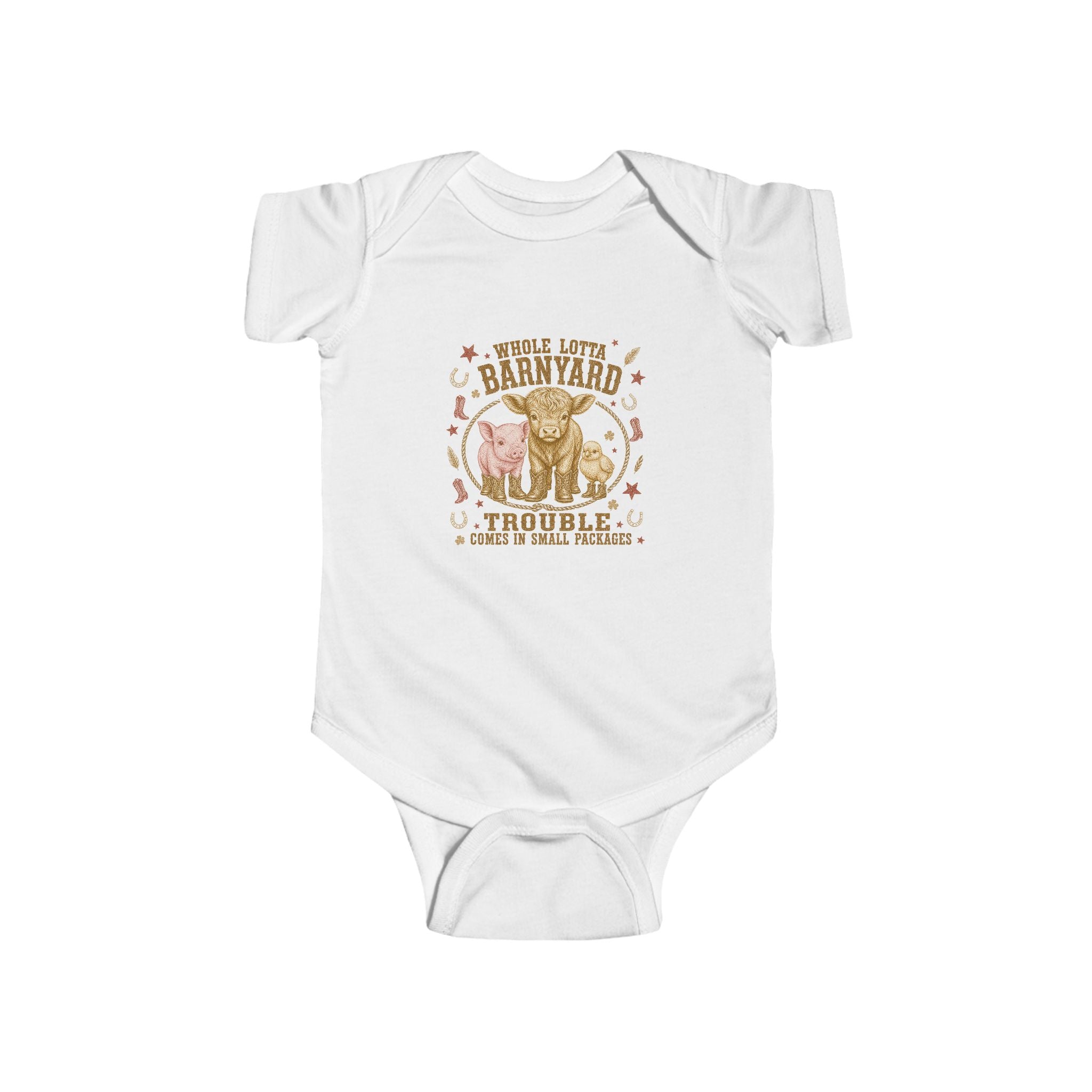 Baby Bodysuit - 'Trouble in the Barnyard' Rustic Farm Animals Onesie