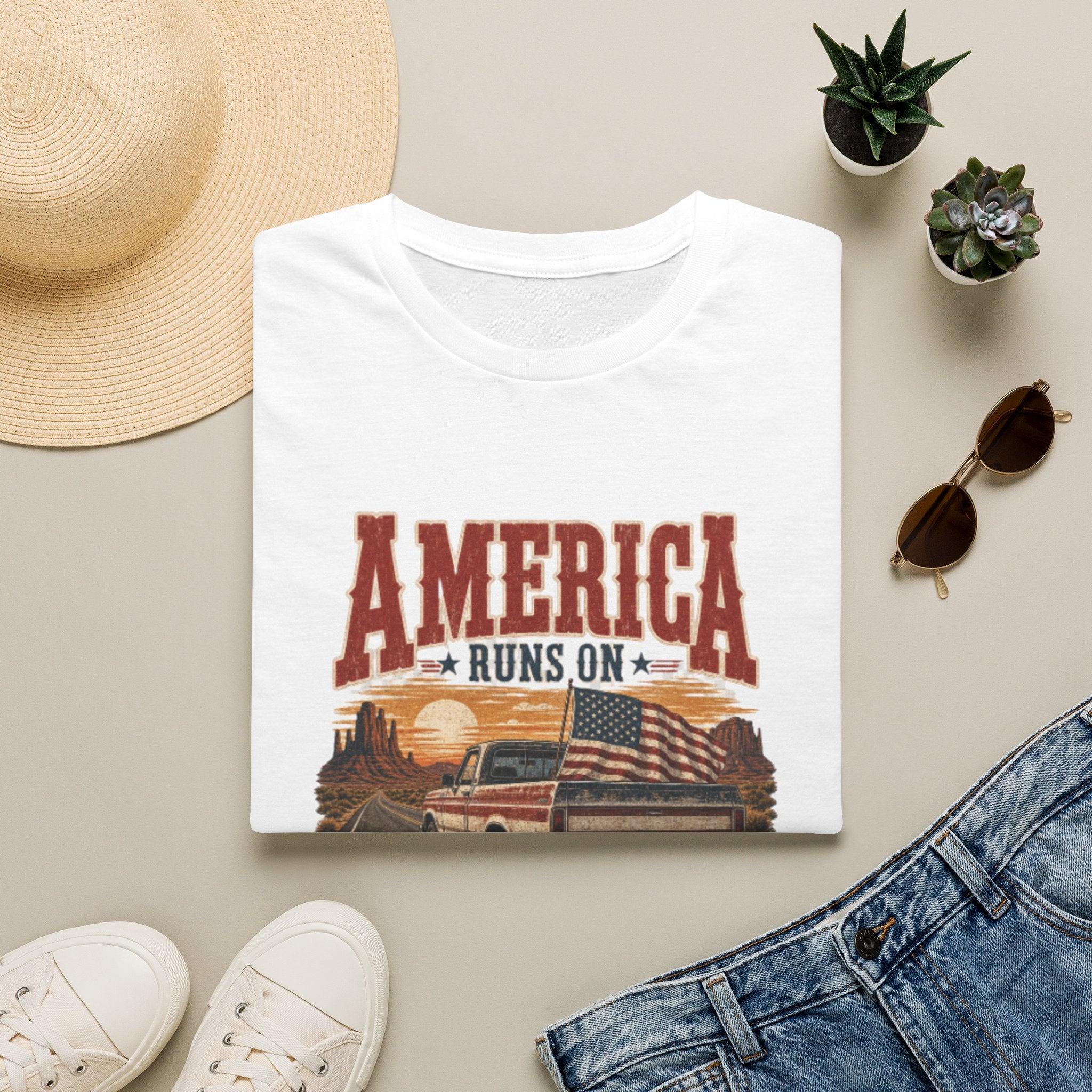 T-Shirt — "America Runs On Country" Vintage Flag & Pickup Graphic