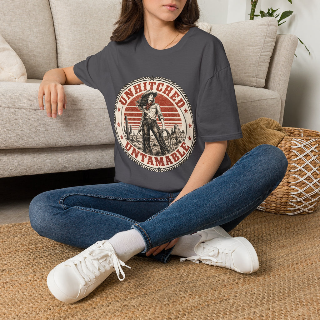 Unhitched Vintage Cowgirl T‑Shirt – “Unhitched & Untamable” Retro Western Graphic Tee