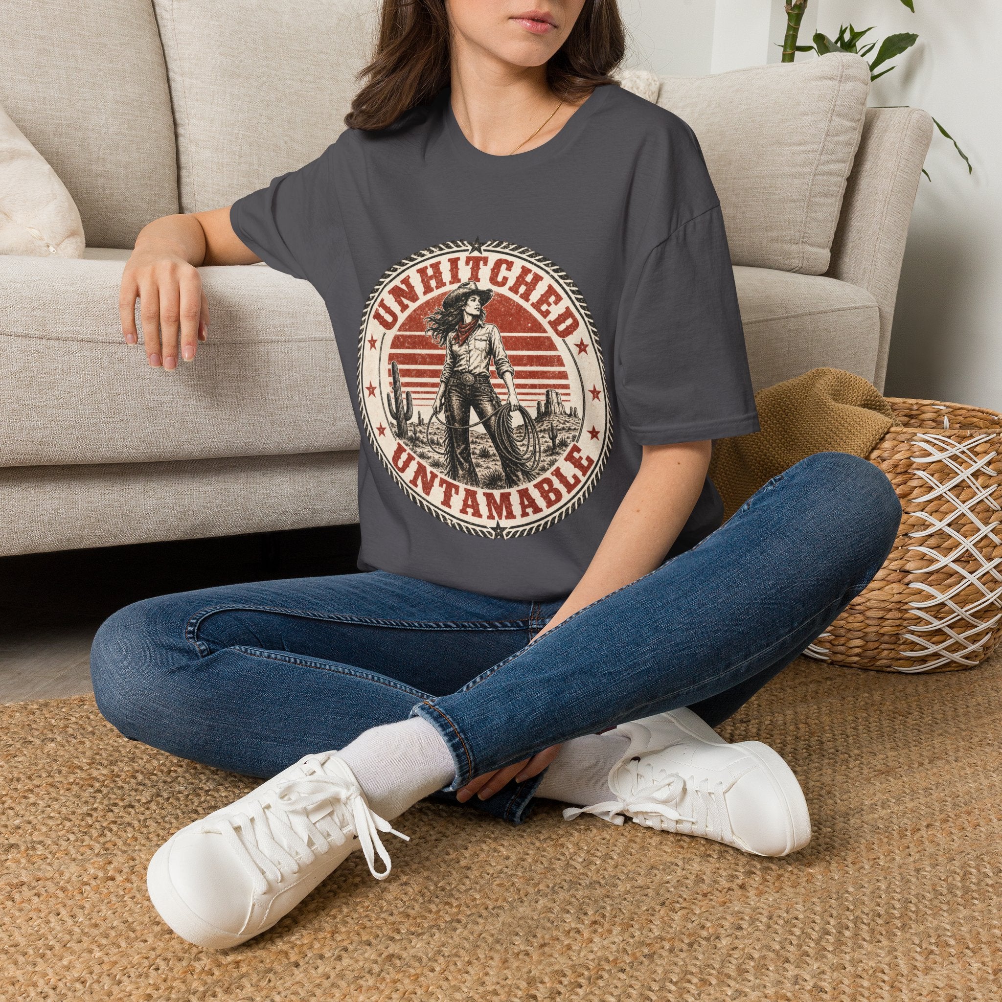 Unhitched Vintage Cowgirl T‑Shirt – “Unhitched & Untamable” Retro Western Graphic Tee