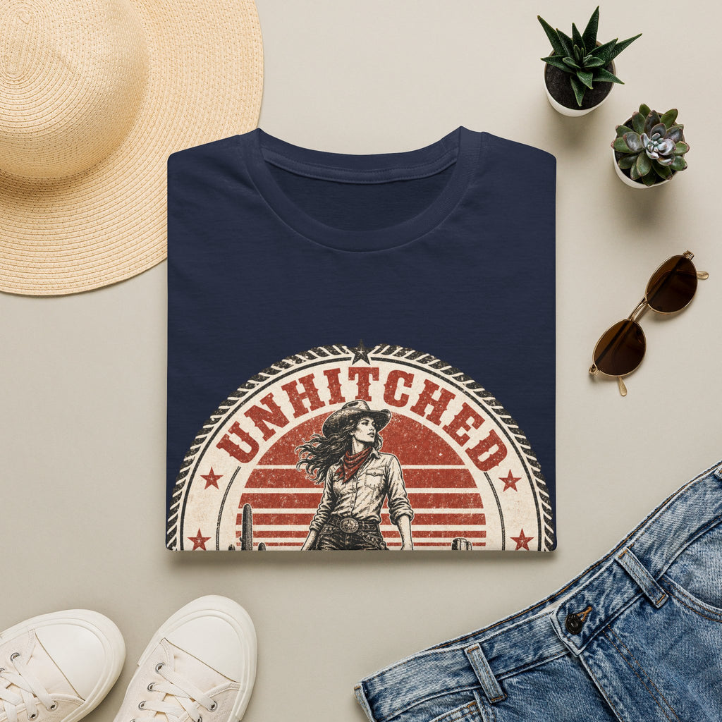 Unhitched Vintage Cowgirl T‑Shirt – “Unhitched & Untamable” Retro Western Graphic Tee