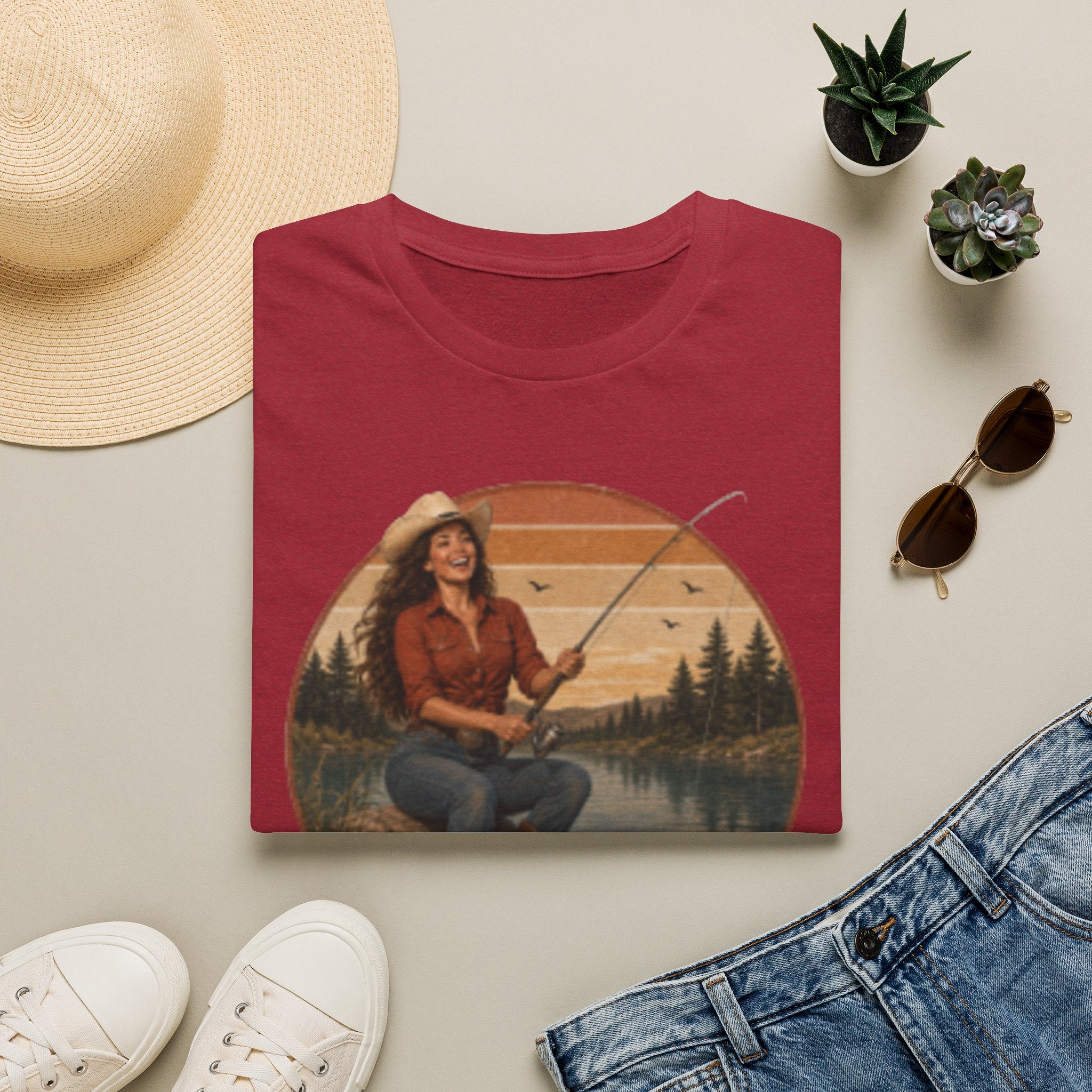 Fishing Graphic T‑Shirt — "Hook Em" Retro Outdoorswoman Tee