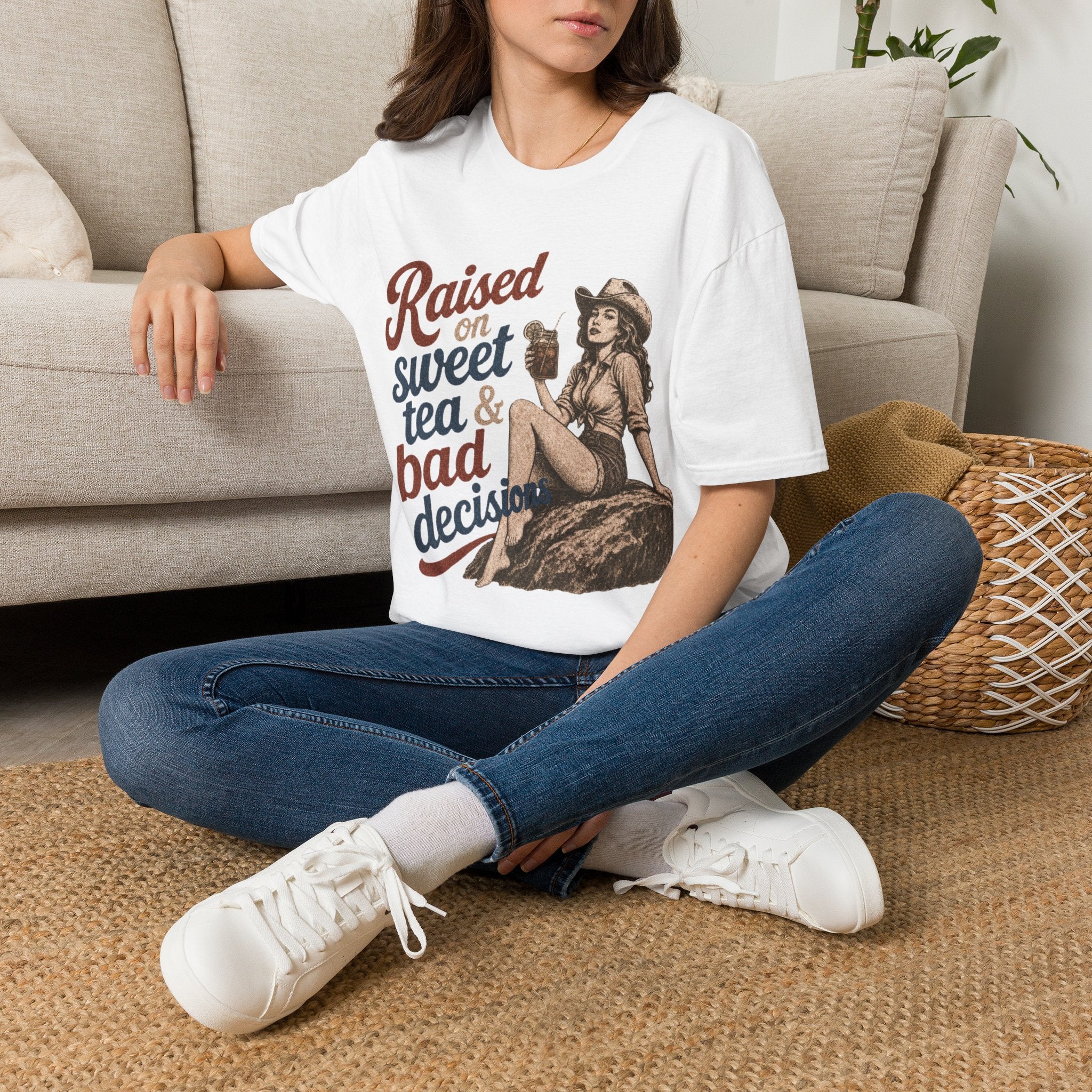 Raised on Sweet Tea & Bad Decisions T-Shirt — Southern Cowgirl Retro Graphic Tee