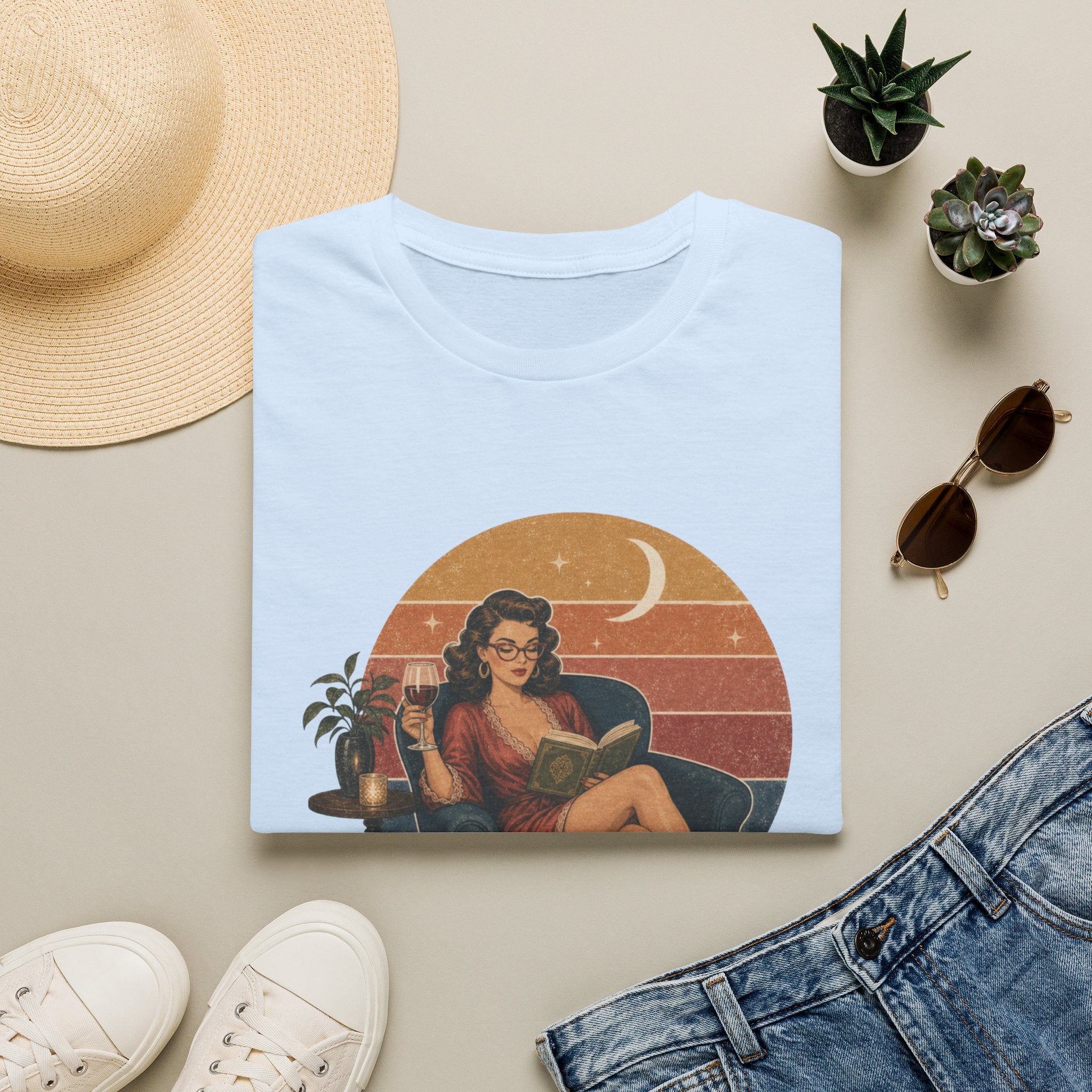 Lady of the Night Vintage Graphic T-Shirt — Retro Pinup Moonlit Reading Tee