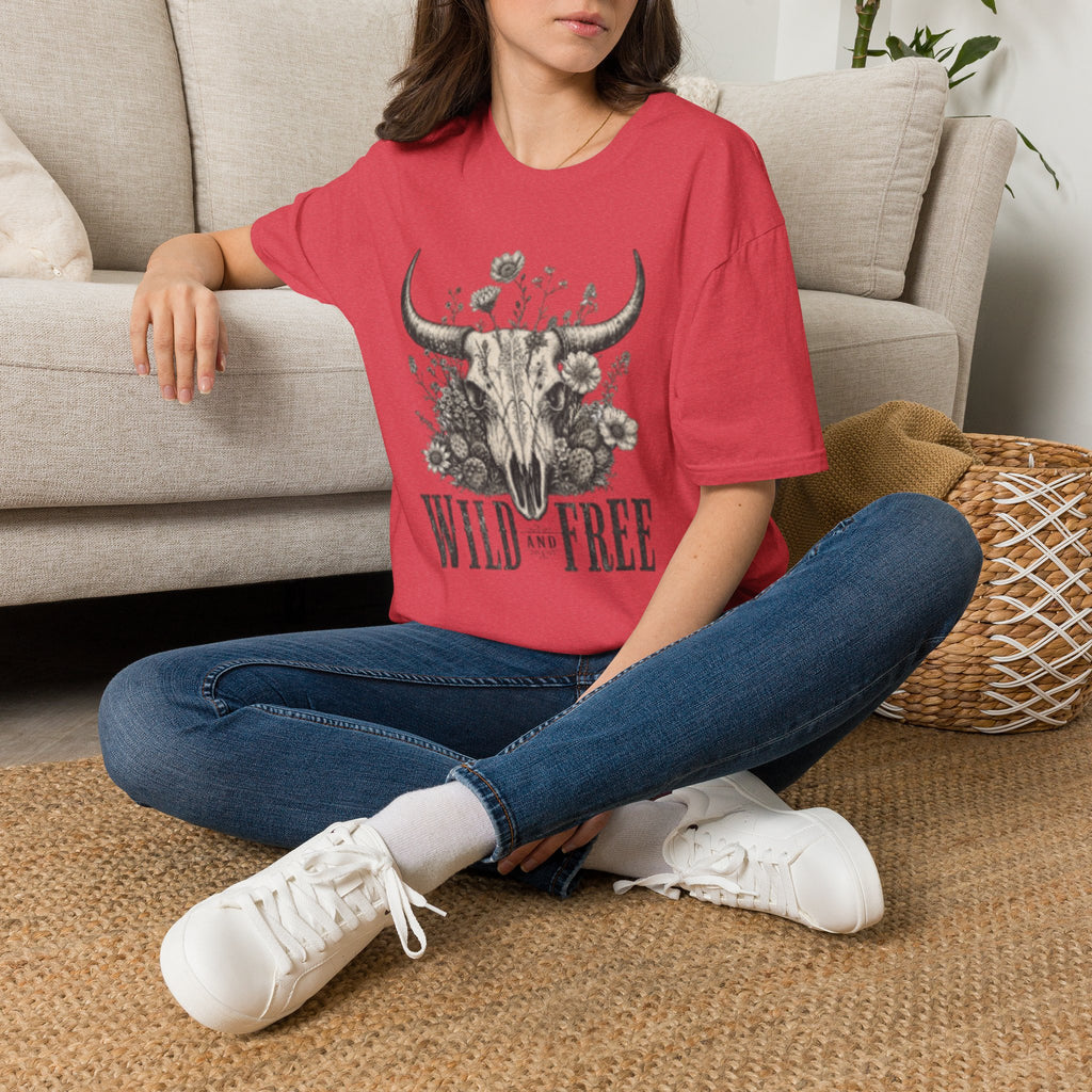 Bull Skull Floral T-Shirt — "Wild and Free" Boho Western Tee