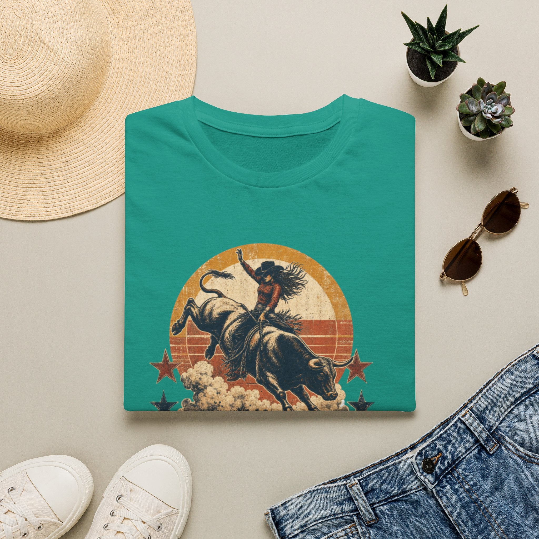 Hold On Cowgirl T-Shirt — Vintage Rodeo Bull Rider Tee