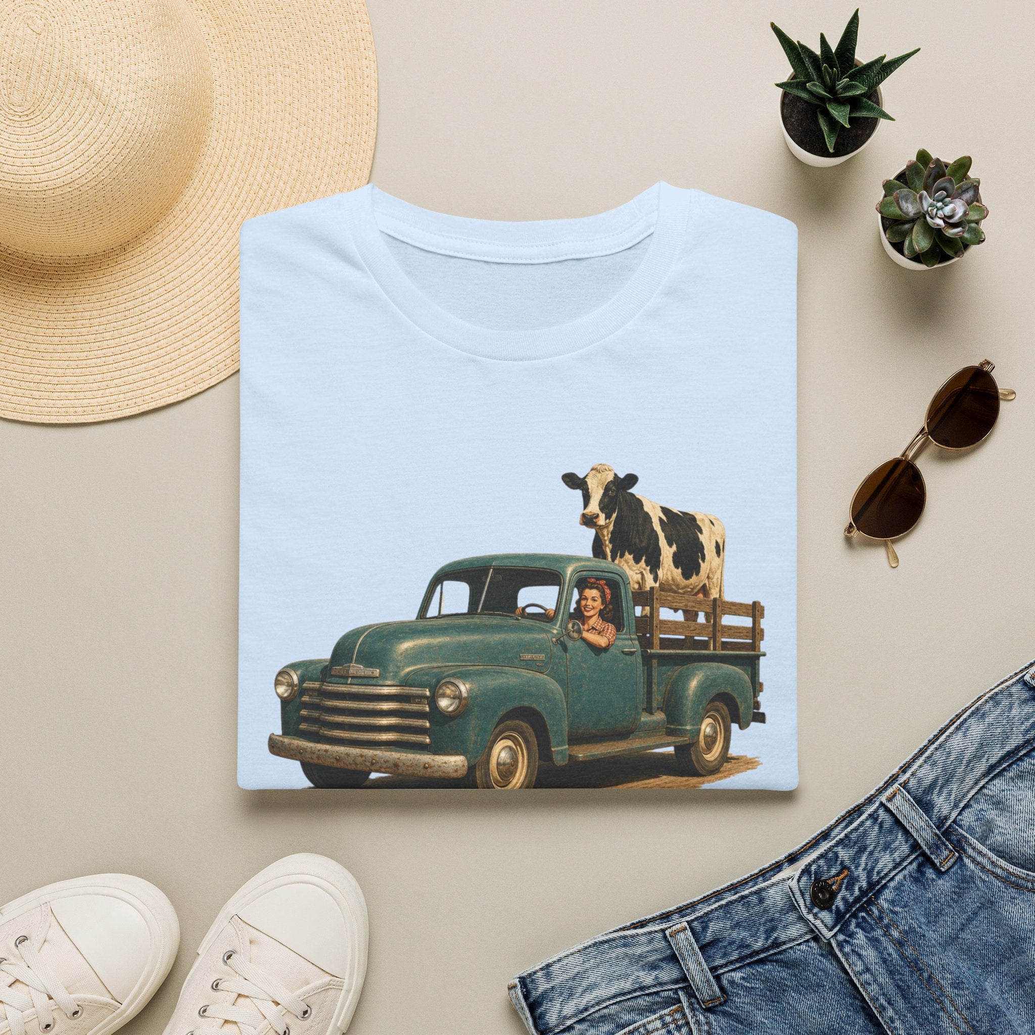 Vintage Farm Truck T-Shirt – Retro Pickup with Cow Graphic