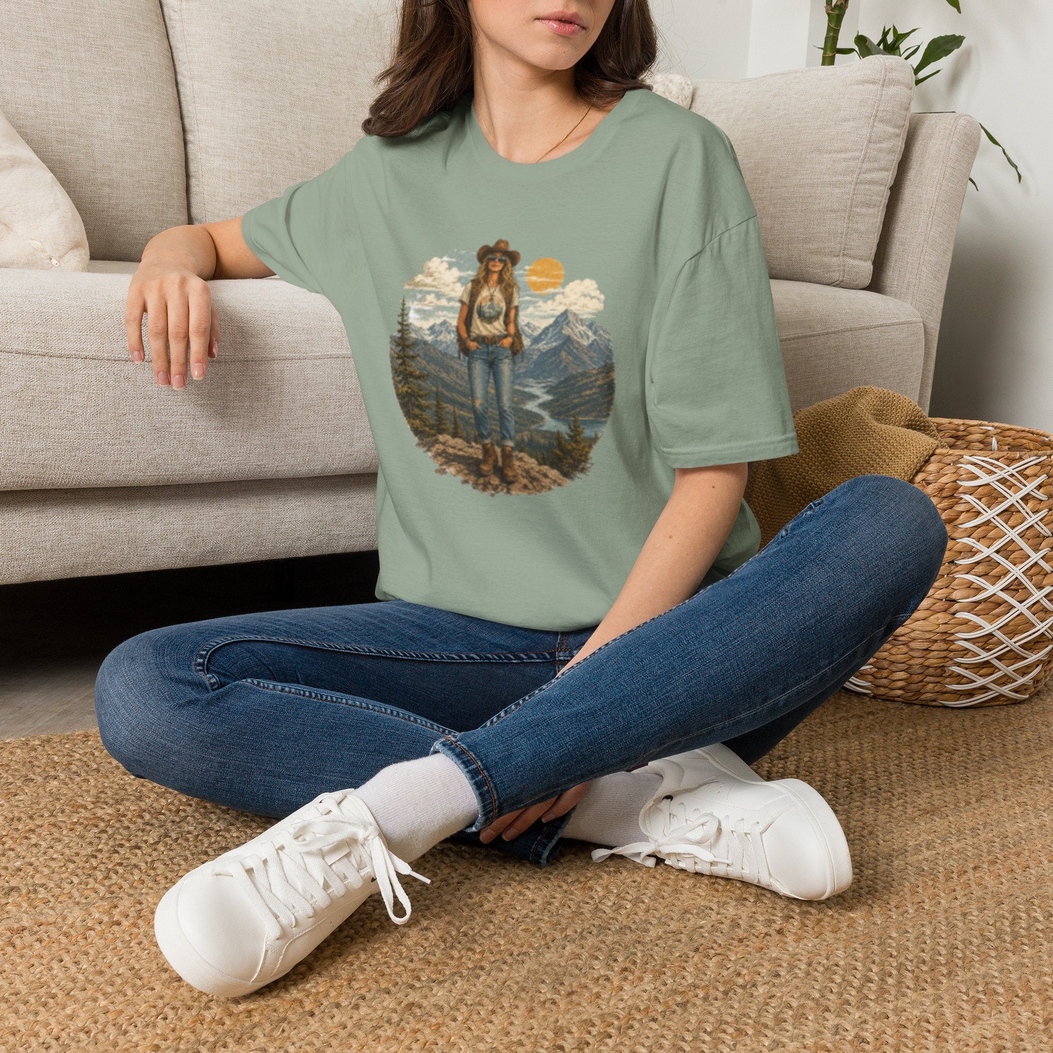 Cowgirl Mountain Adventure T‑Shirt — Vintage Sunset Hiker Graphic