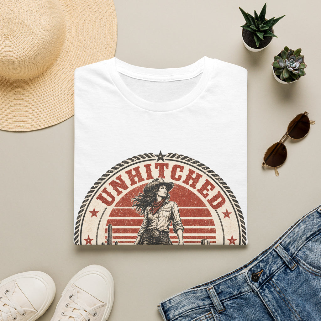 Unhitched Vintage Cowgirl T‑Shirt – “Unhitched & Untamable” Retro Western Graphic Tee