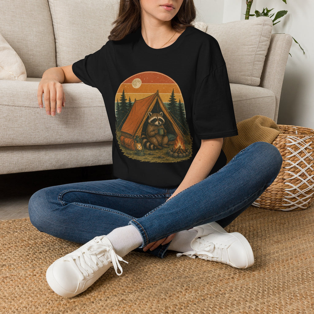 Camping Raccoon T-Shirt — Retro Sunset Tent Outdoor Graphic Tee