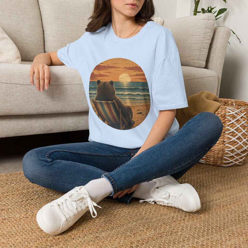 Bear Watching Sunset T‑Shirt — Retro Ocean Sunset Bear Graphic Tee