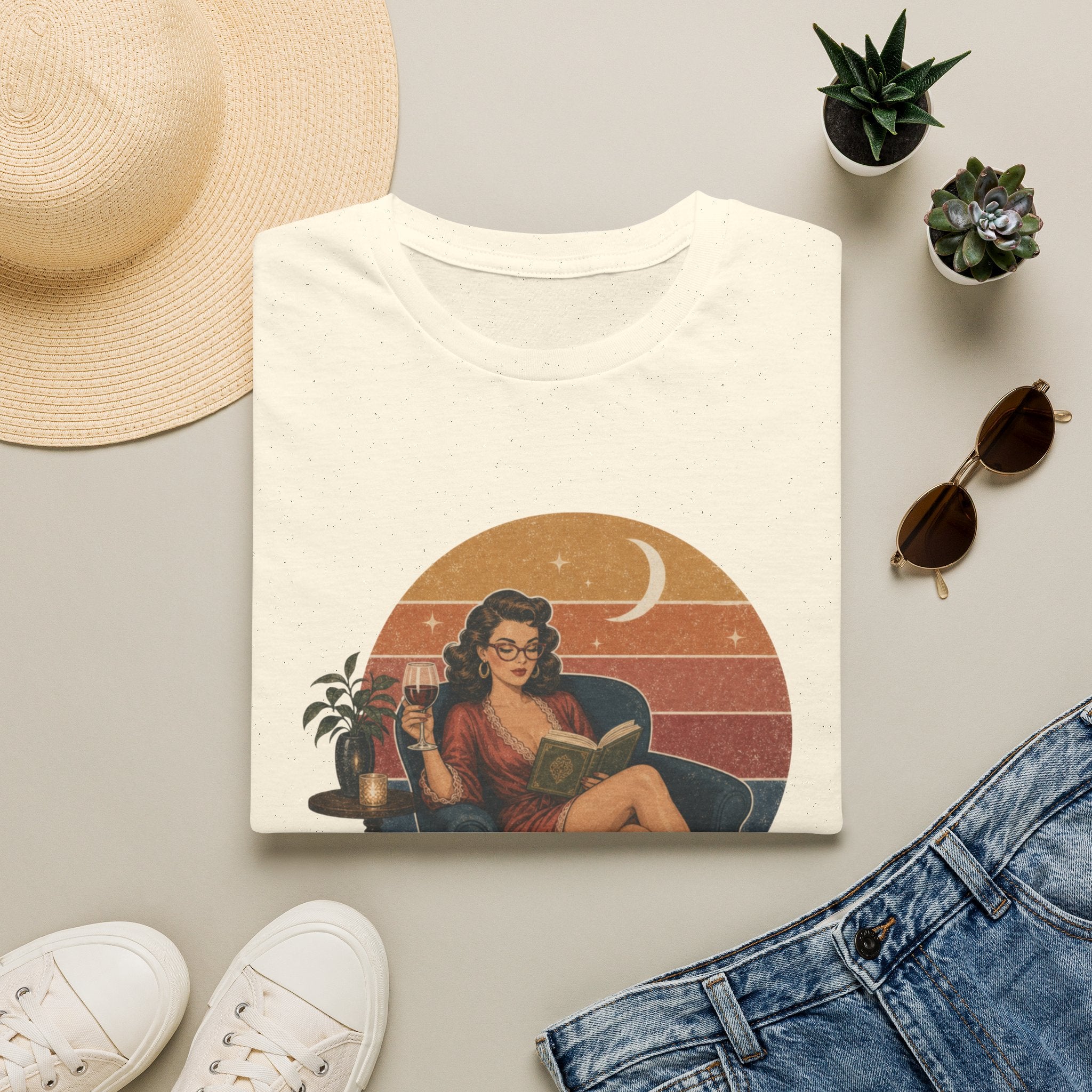 Lady of the Night Vintage Graphic T-Shirt — Retro Pinup Moonlit Reading Tee