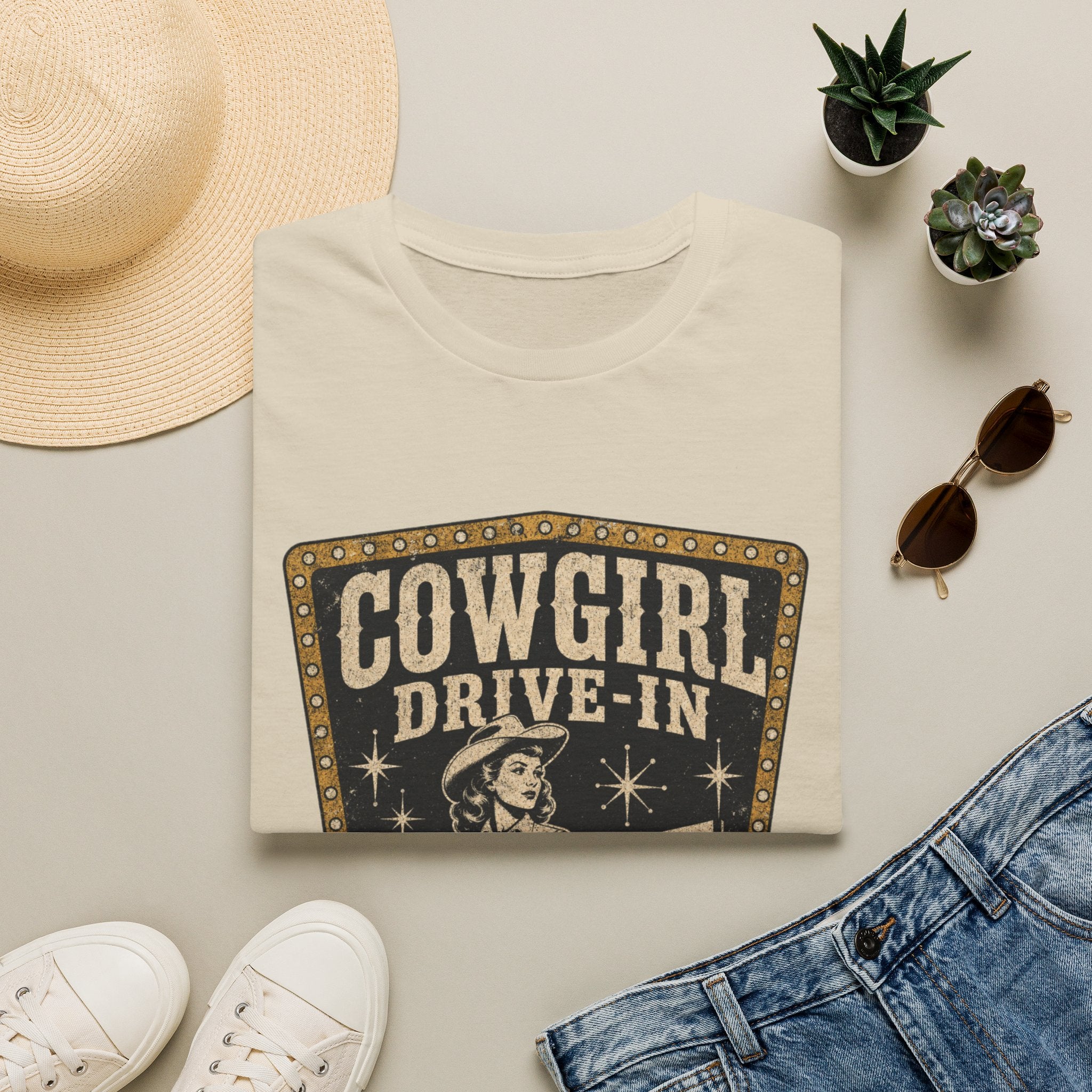 Cowgirl Drive-In Vintage T-Shirt — Retro Western Graphic Tee ("Cowgirl Drive-In Open Since 1955")